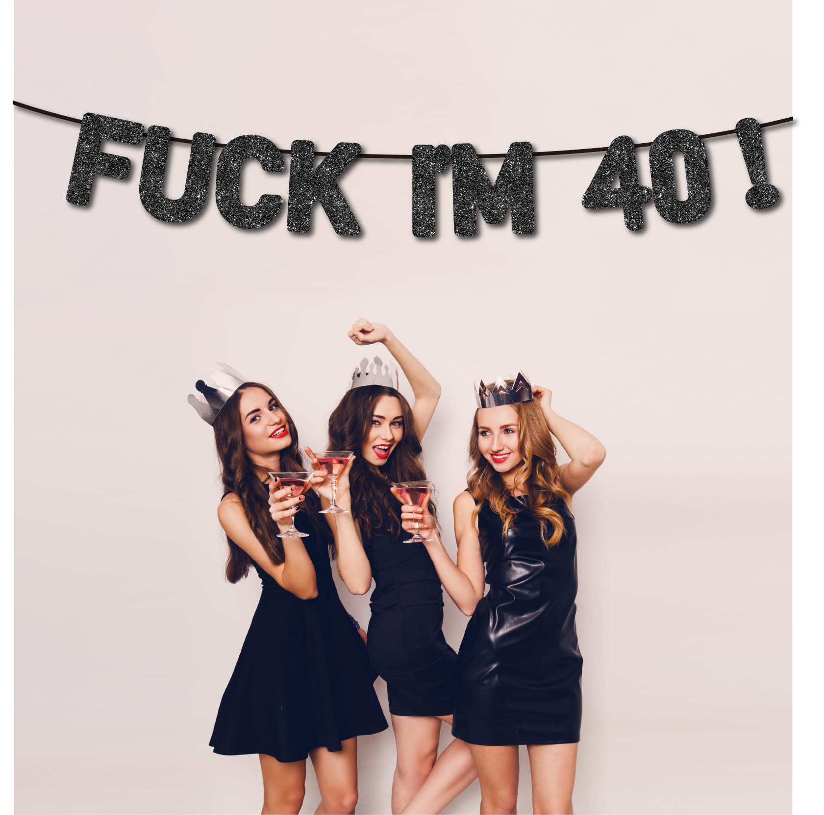 Pre-Strung Happy 40th Birthday Banner - Black Glitter, No Assembly Needed, 9.8 Ft Long - View #2