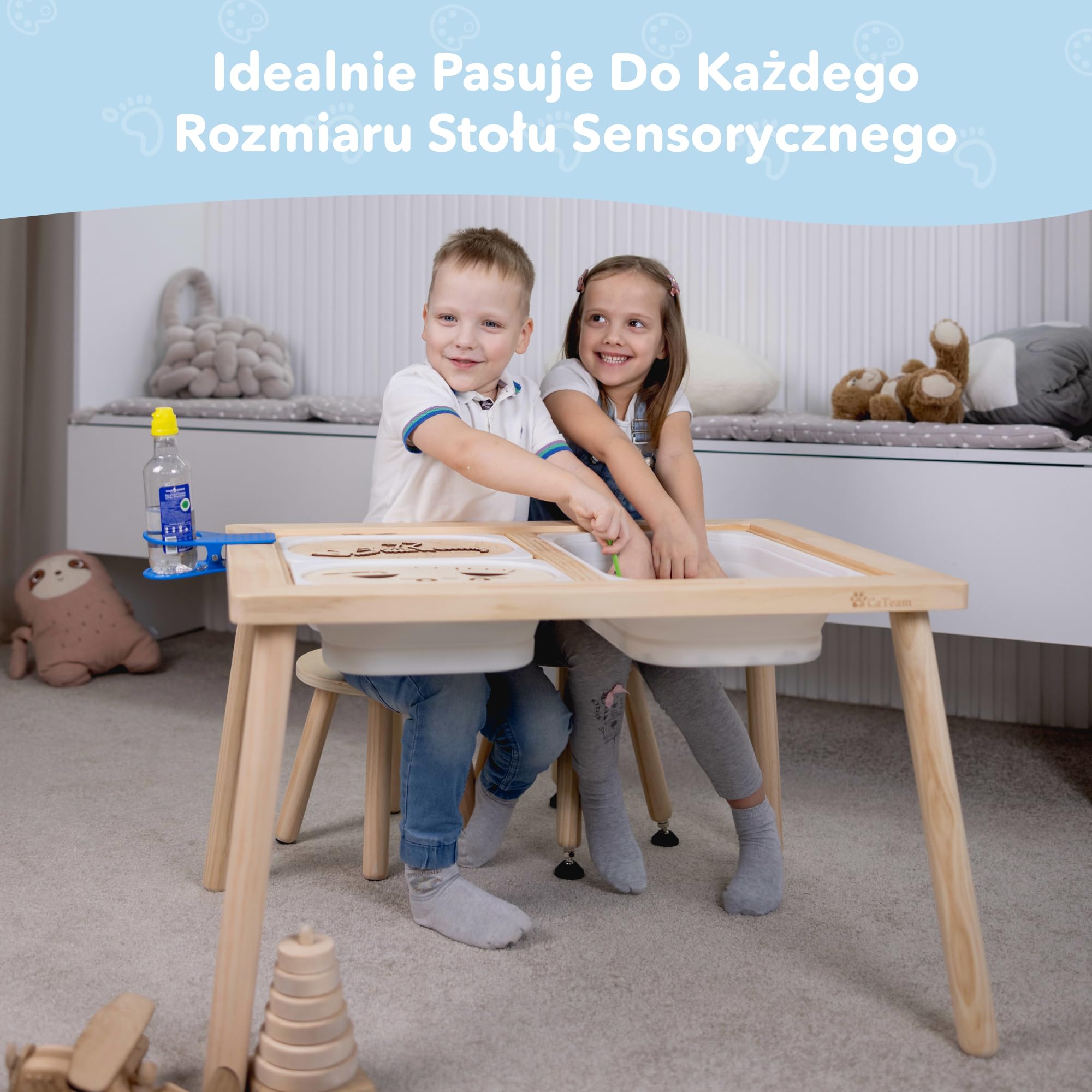 Cateam Drewniany stołek ze stopniem dla dzieci i małych dzieci - Zestaw 2 sztuk - Biały - Krzesło dziecięce z rozkładanymi nogami - Stołek sensoryczny - Okrągły stołek do siedzenia dla dzieci