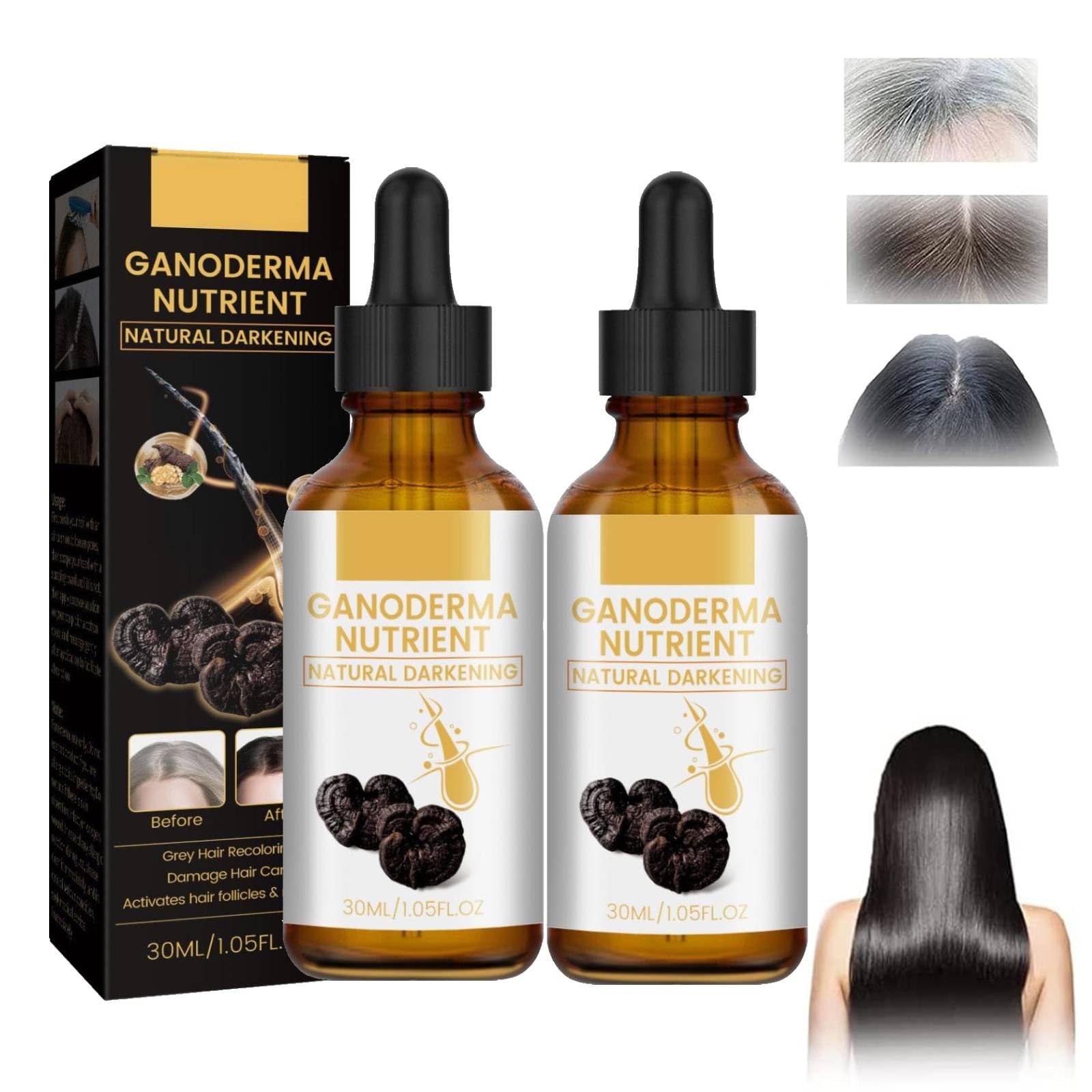Anti-Greying Hair Serum, Natural Hair Grey Reverse Essence, Ganoderma Nutrient Hair Darkening Serum, Restore Hair Natural Color, Grey Hair Coverage Serum Promotes Fuller, Healthier Hair (30ml, 2PC)