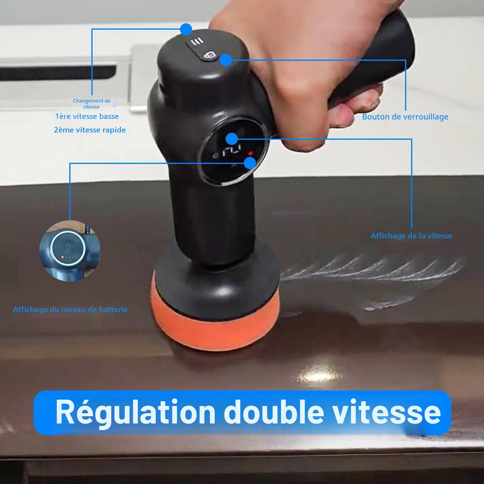 Polisseuse Auto Mini sur Batterie, Kit de Polissage Voiture 2x 2000 mAh + 2 Vitesses + 3 Pads de Polissage + Verrouillage, Polisseuse sans Fil Rechargeable pour Élimination Rayures, Cirage, Lustrage