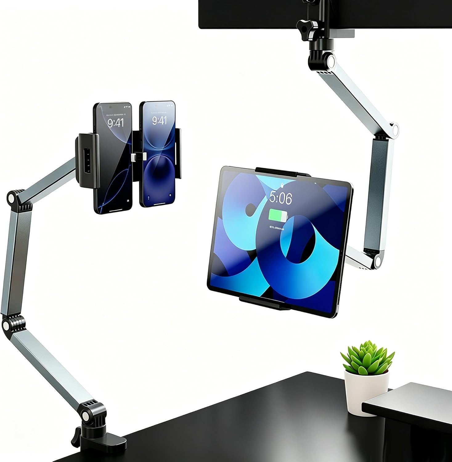 Aluminum Alloy Rotatable Plate Bracket Holder, Mechanical Arm, Universal Cantilever, Universal Metal Desktop Dual Device Bracket, for iPhone, iPad, Tablet, PC Phones