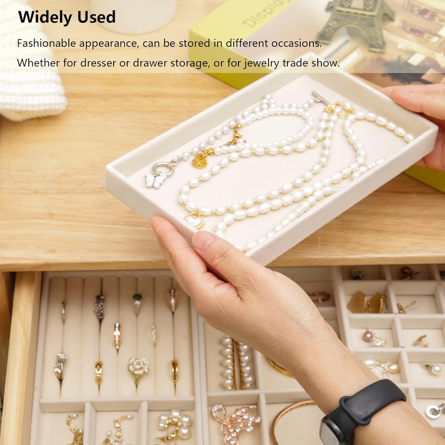 Velvet Jewelry Organizer for Drawer, Stackable Jewelry Storage Trays in Dresser, Small Drawer Inserts Display Case for Rings Stud Necklaces Accessories, Set of 4 - Image 8