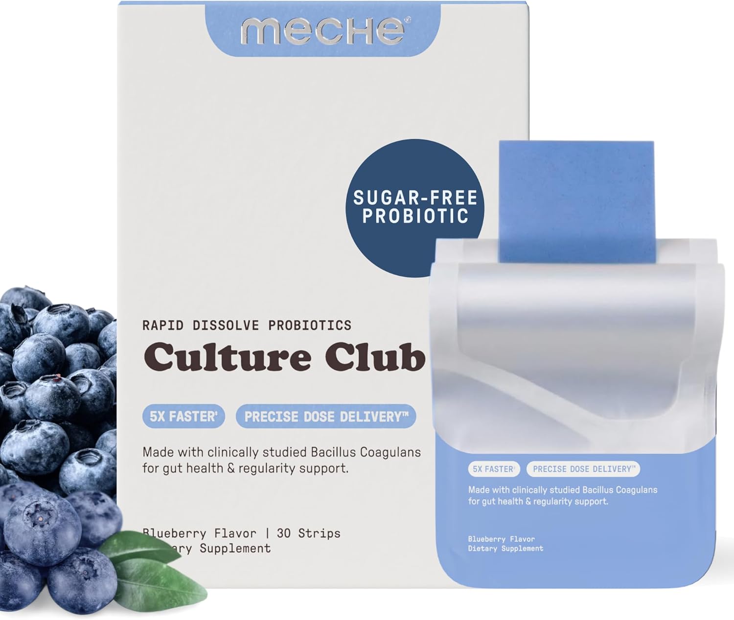 Meche Culture Club Probiotics for Digestive Health and Regularity - 5 Billion CFUs, Probiotics for Women and Men - Gut Health Supplements - Dissolve Strips, Sugar Free Faster Than Gummies (30 Strips)