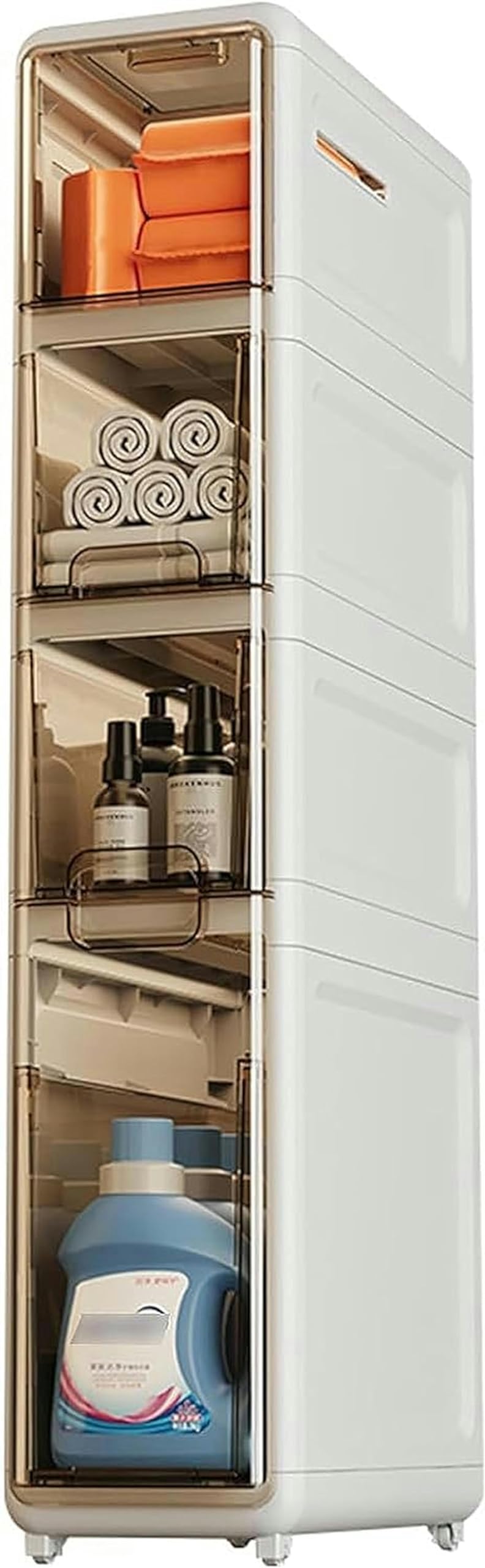 Mobile da bagno sottile con ruote girevoli, torre di stoccaggio stretta per carta igienica, grande capacità, design salvaspazio per piccoli spazi