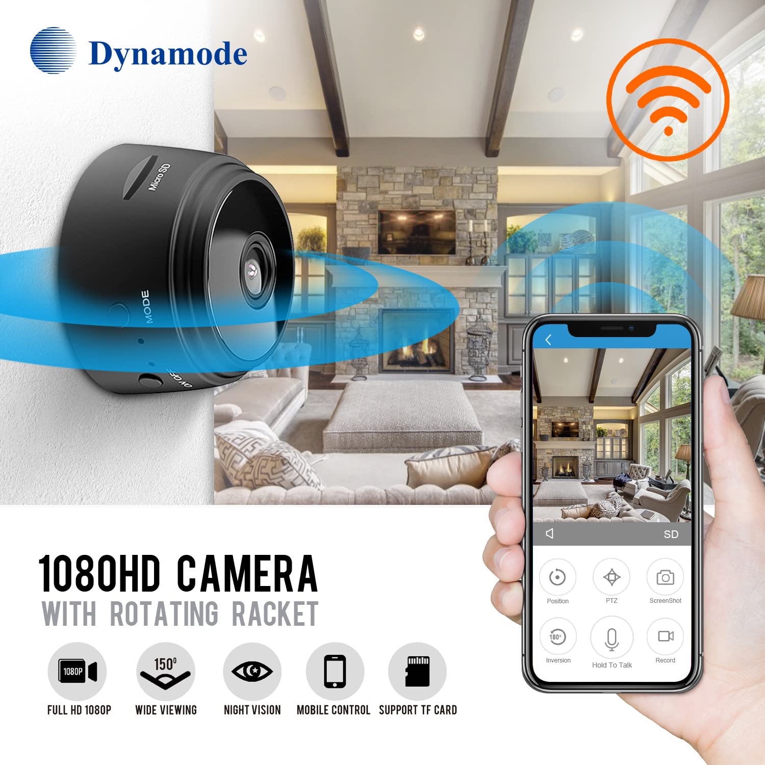 Dynamode Cam-c90 Caméra sans fil WiFi Cctv Ip 1080HD avec détection de mouvement et capacité d'enregistrement à distance ou autonome avec un emplacement de mémoire Micro SD (jusqu'à 128 g)
