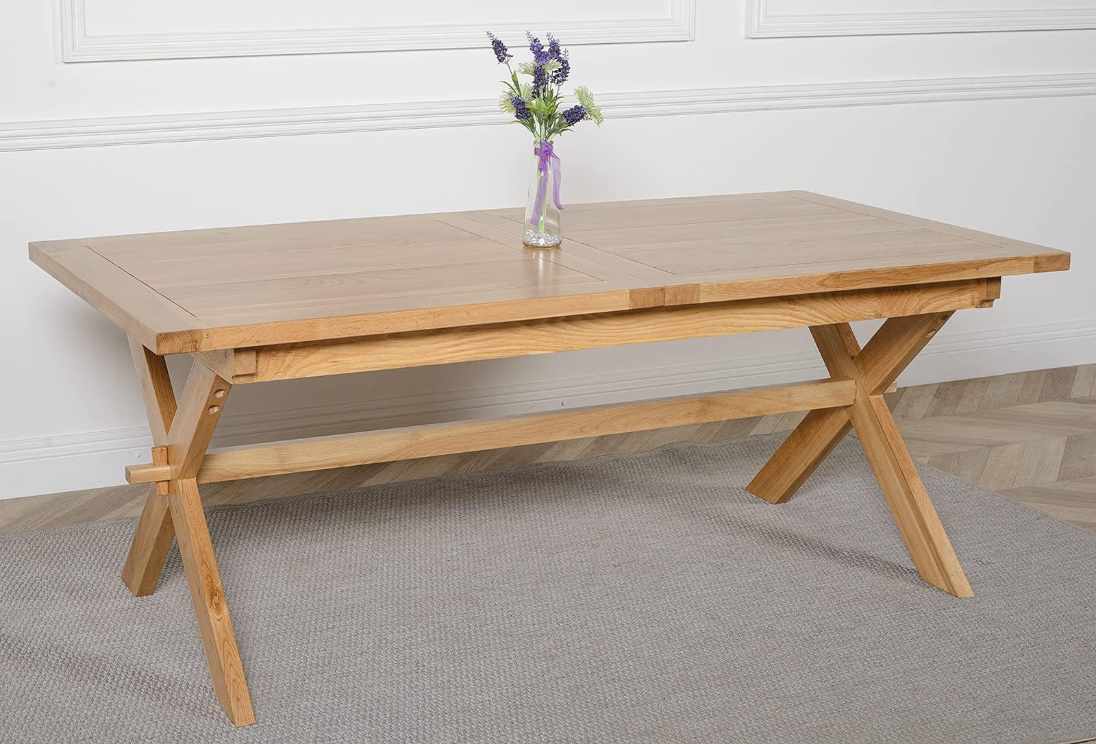 – Oak Furniture King Vermont Oak Extending Dining Table, Cross Leg Extendable Table 200-240cm, Seats 6-8 People, Solid Wood, Natural Finish