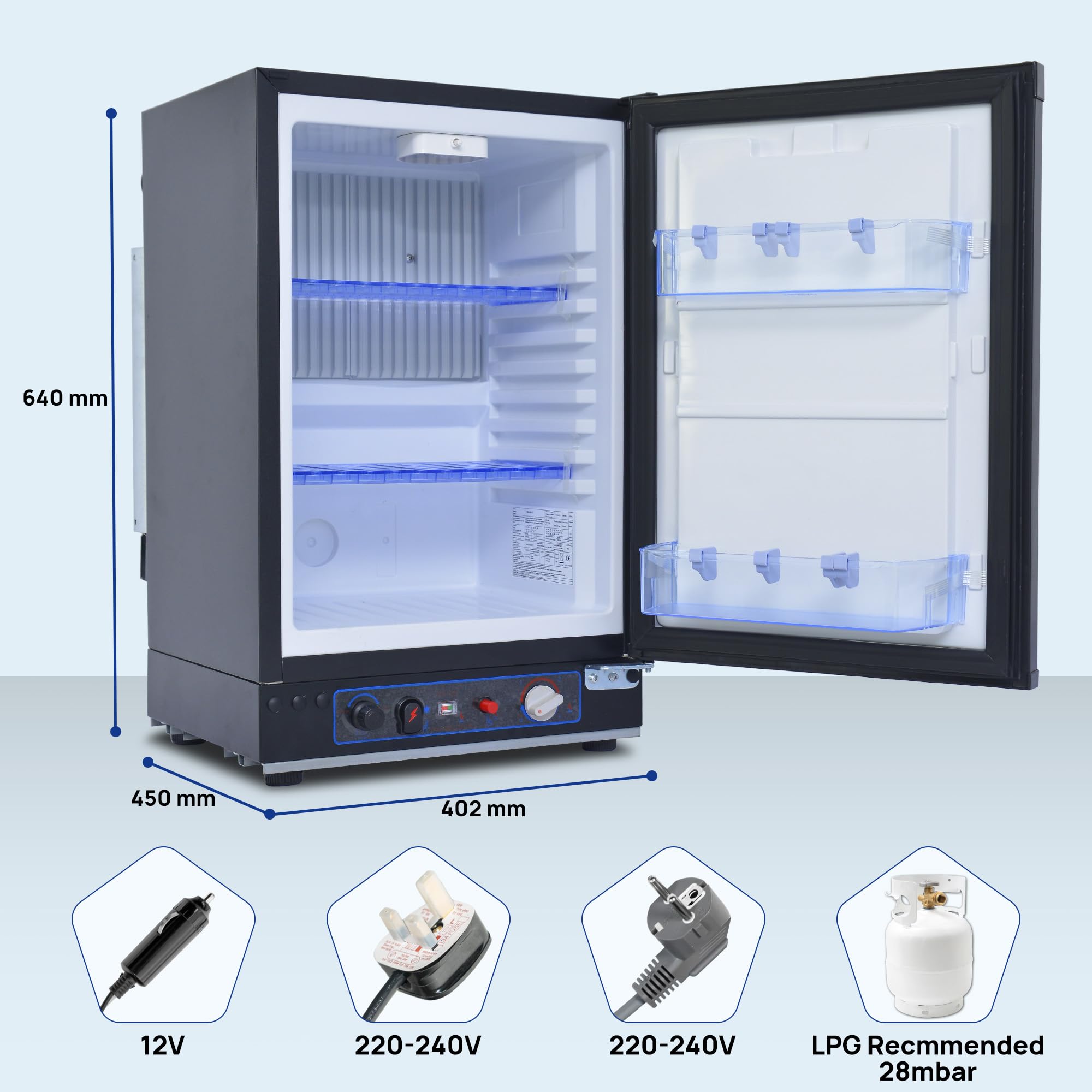 Smad 3 Way Fridge 40L, 12V 240V Gas Fridge for Camping Caravan, Campervan, Van, Motorhome, Garage, Truck, Tent, RV, Mobil-Home, Black, 0dB, LED, 0℃-10℃ — view 2