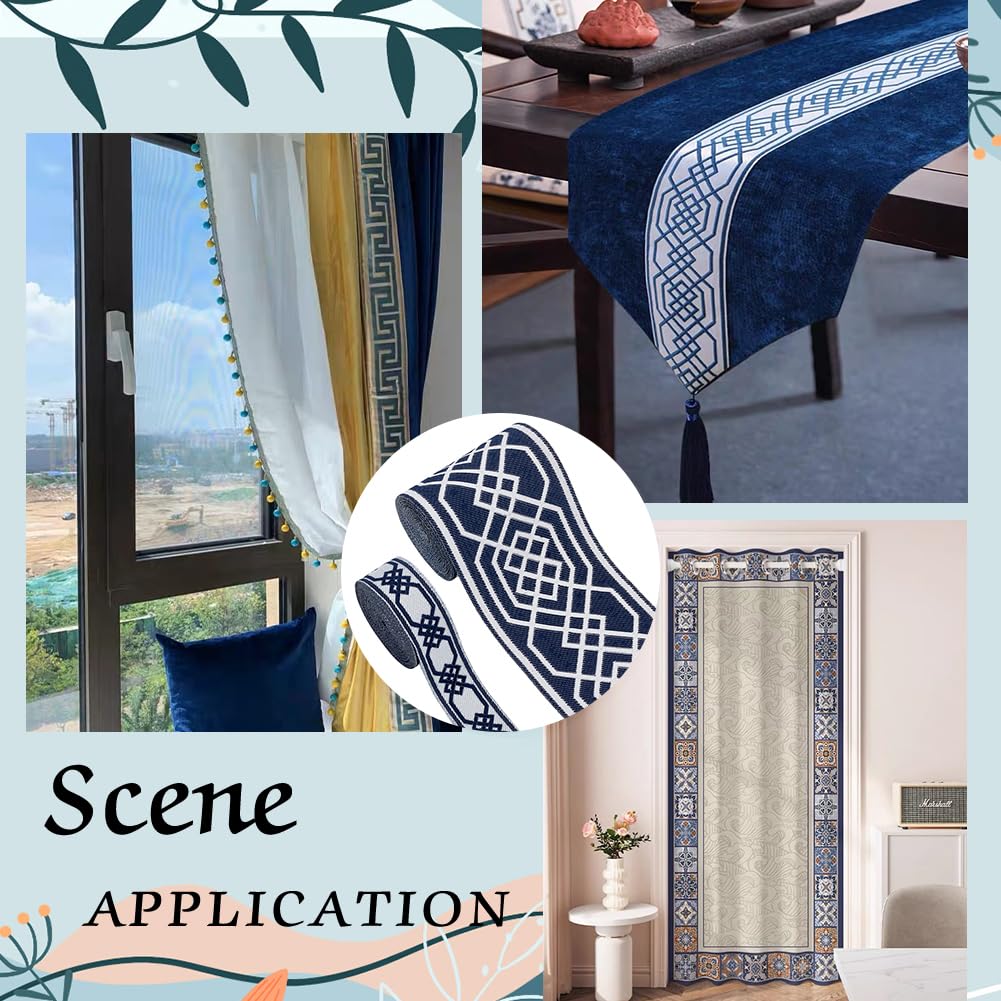 Nastro Jacquard Ricamato Blu CRAFTYMELODY - 7.66 Yards Con Motivo Rombi | Per Tendaggi E Fai Da Te