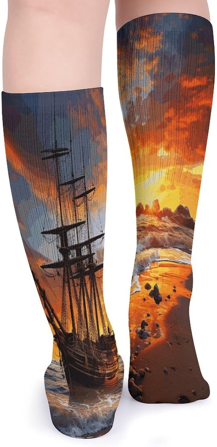 Pirate Ship in The Sunset Knee High Socks Cozy Knee High Socks Soft Mid-Length Sock for All Seasons Daily Wear Adult