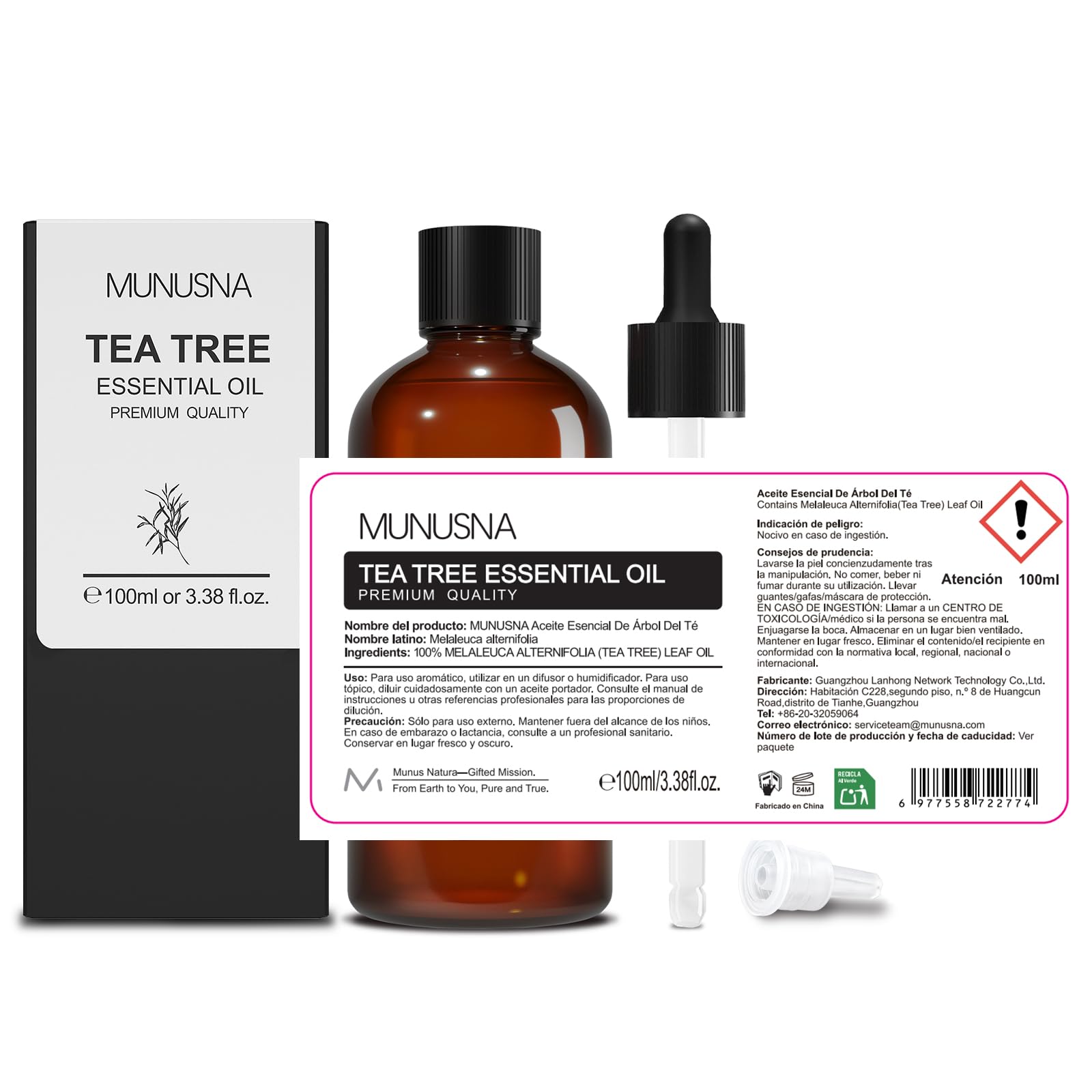 Aceite de Árbol de Té 100% Puro 100ML, MUNUSNA Aceite Esencial Tee Tree para Puntos Negros, Granos, Cabello, Uñas, Aceites Esenciales Arbol de Te Naturales para Humidificador Difusor, Tea Tree Oil