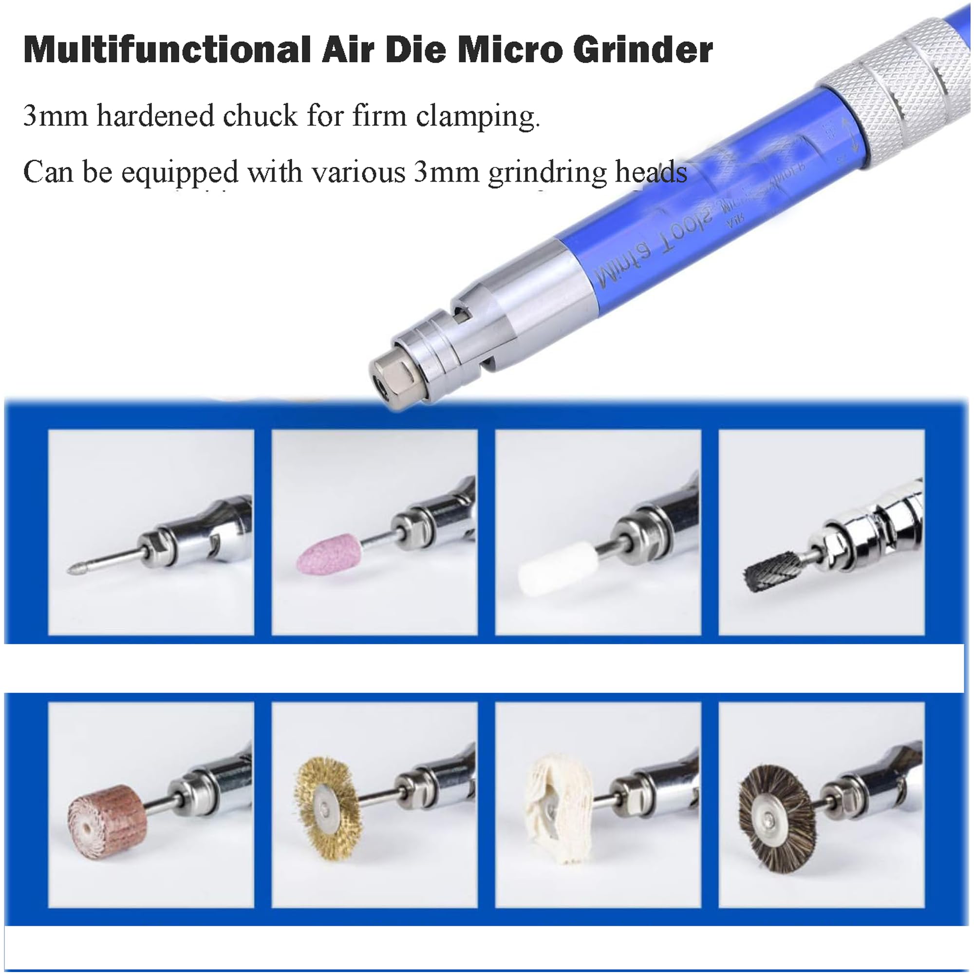 Set di levigatrici ad aria compressa, 3 mm, mini matita, strumento di taglio a matita pneumatica, per levigatura di precisione e lucidatura, 56000 giri/min