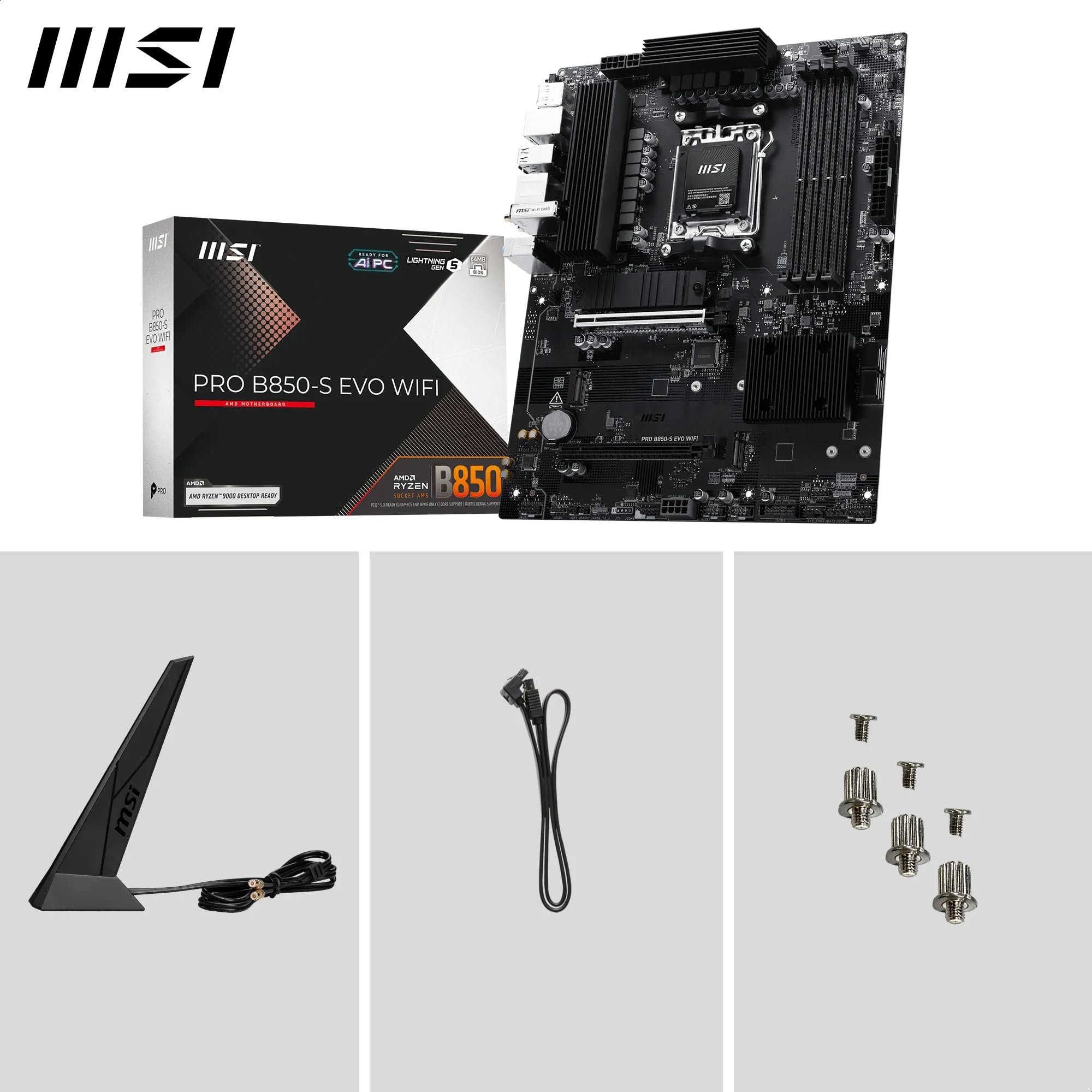 MSI Pro B850-S Evo WiFi Carte mère, ATX - pour processeurs AMD Ryzen 9000/8000 / 7000, AM5 - DDR5 Memory Boost (OC jusqu'à 8200+MT/s), PCIe 5.0 x16 et 4.0 x4, M.2 Gen5, Wi-FI 7, 5G LAN