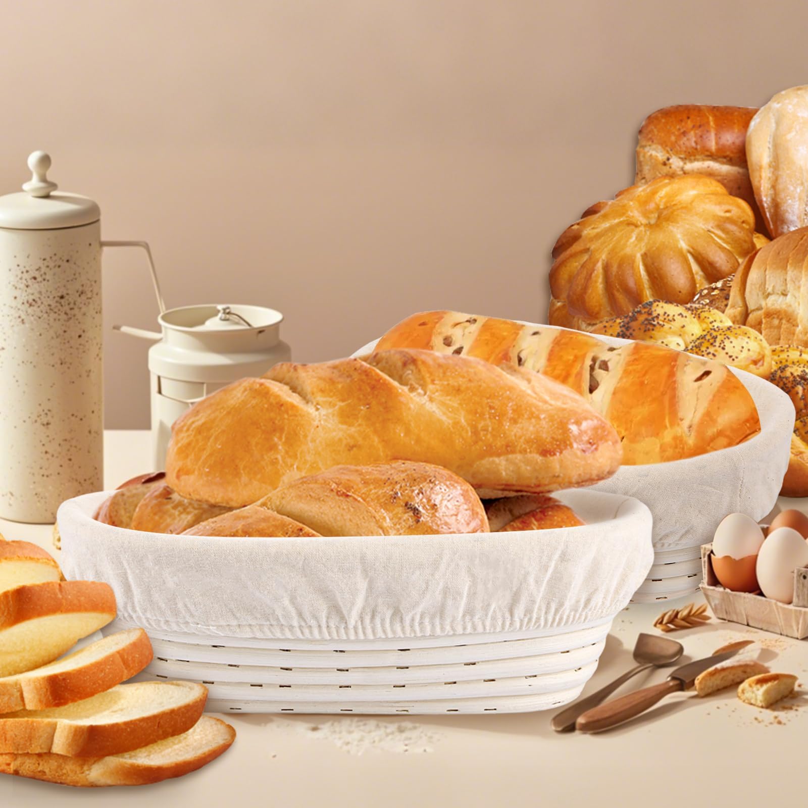 Lot de 2 paniers de fermentation ovales de 30 cm avec chiffon en lin et pinceau à huile en silicone, panier de fermentation pour la cuisson du pain et de la pâte à pain