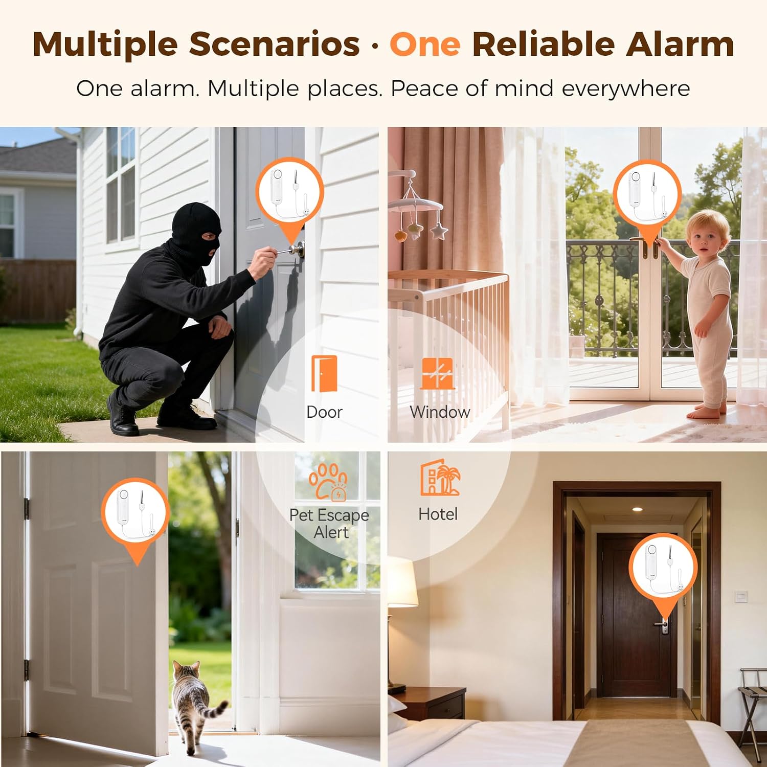 TECKNET Door Alarm for Door Handle, 130dB Door Alarms When Opened & Window Alarms, No-Drill Travel Door Security Device with Lanyard, Door Sensor Alarm for Home, Apartment & Hotel