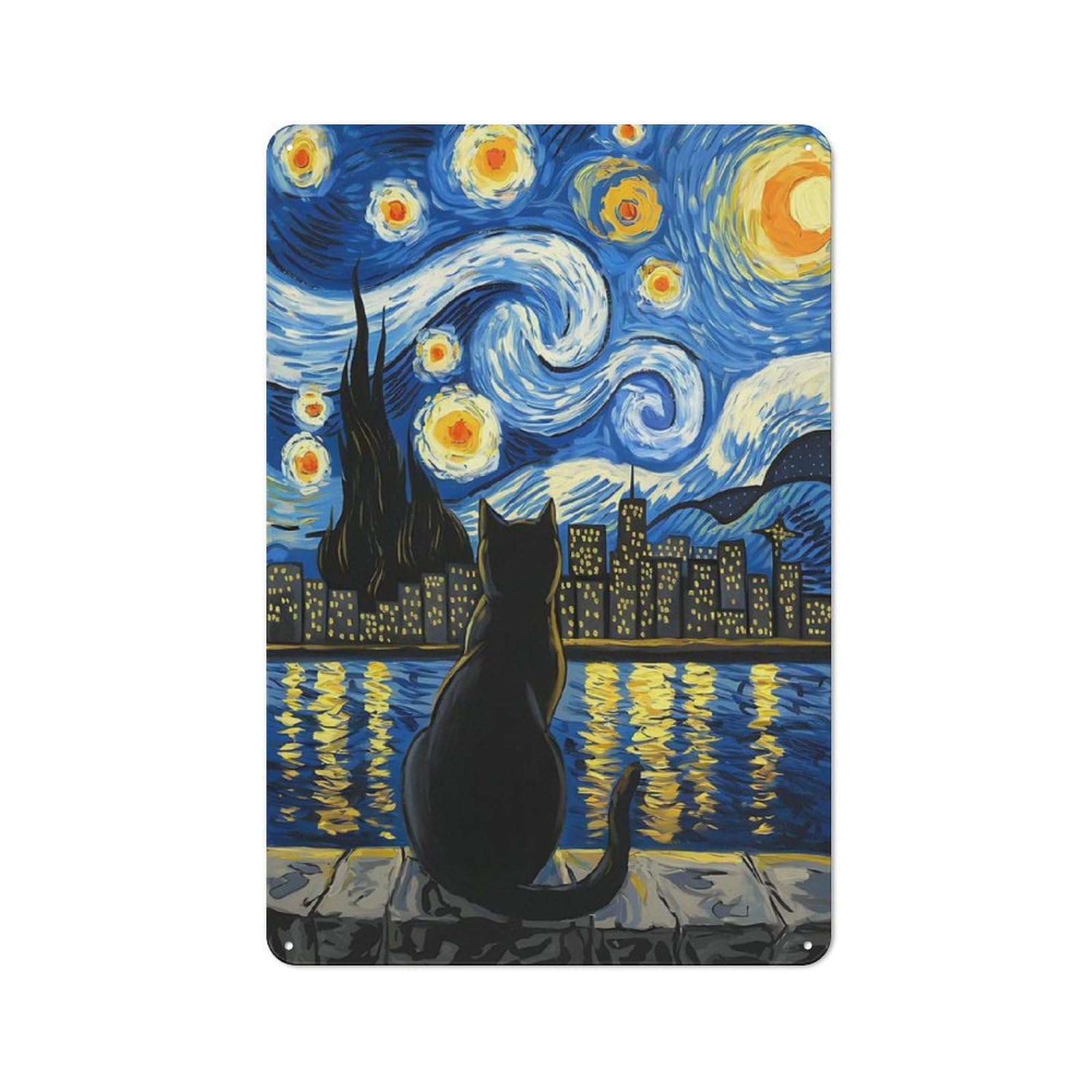 Tin Sign 30x20cm with Cat Under Starry Night for Pub Or Café, Retro Decor, for Vintage Wall Decor Fans, for Cafés, Pubs And Restaurants