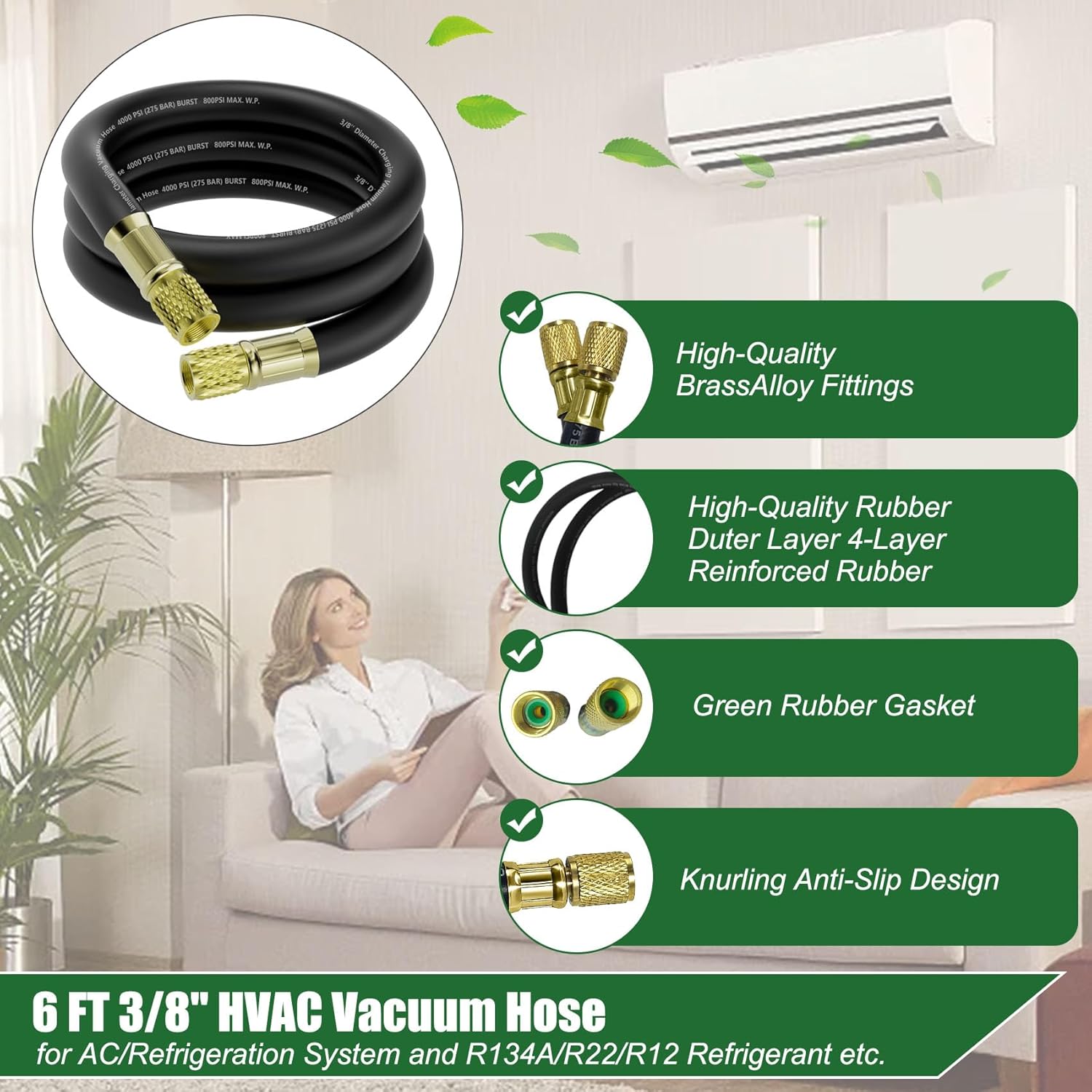 HV1 6Ft 3/8" ID HVAC Vacuum Hose, 3/8" to 3/8" Fittings, 800 Psi Working / 4000 Psi Burst Pressure, Vacuum High-Flow Hose Compatible with Most Refrigeration & Air Conditioning Equipment