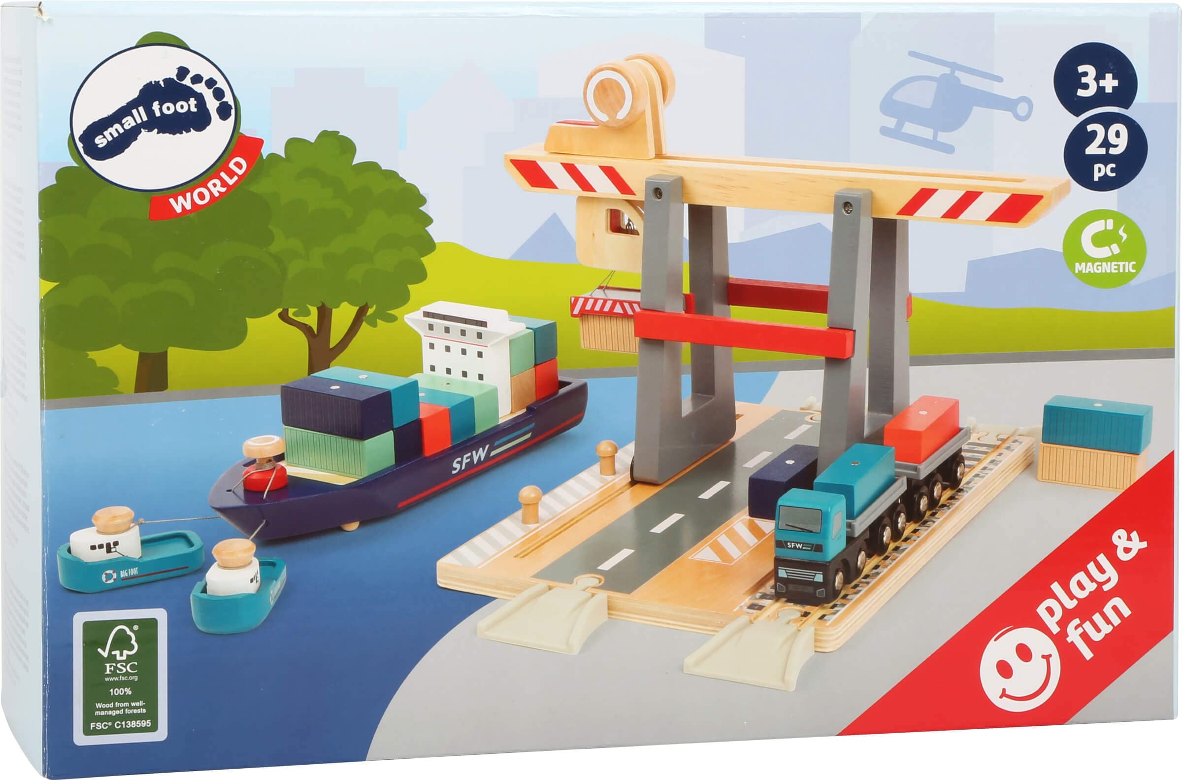 Small Foot Company- Terminal, Madera, con Puente móvil, Barco y contenedores, a Partir de 3 años de Edad Juguetes, Multicolor (11378)