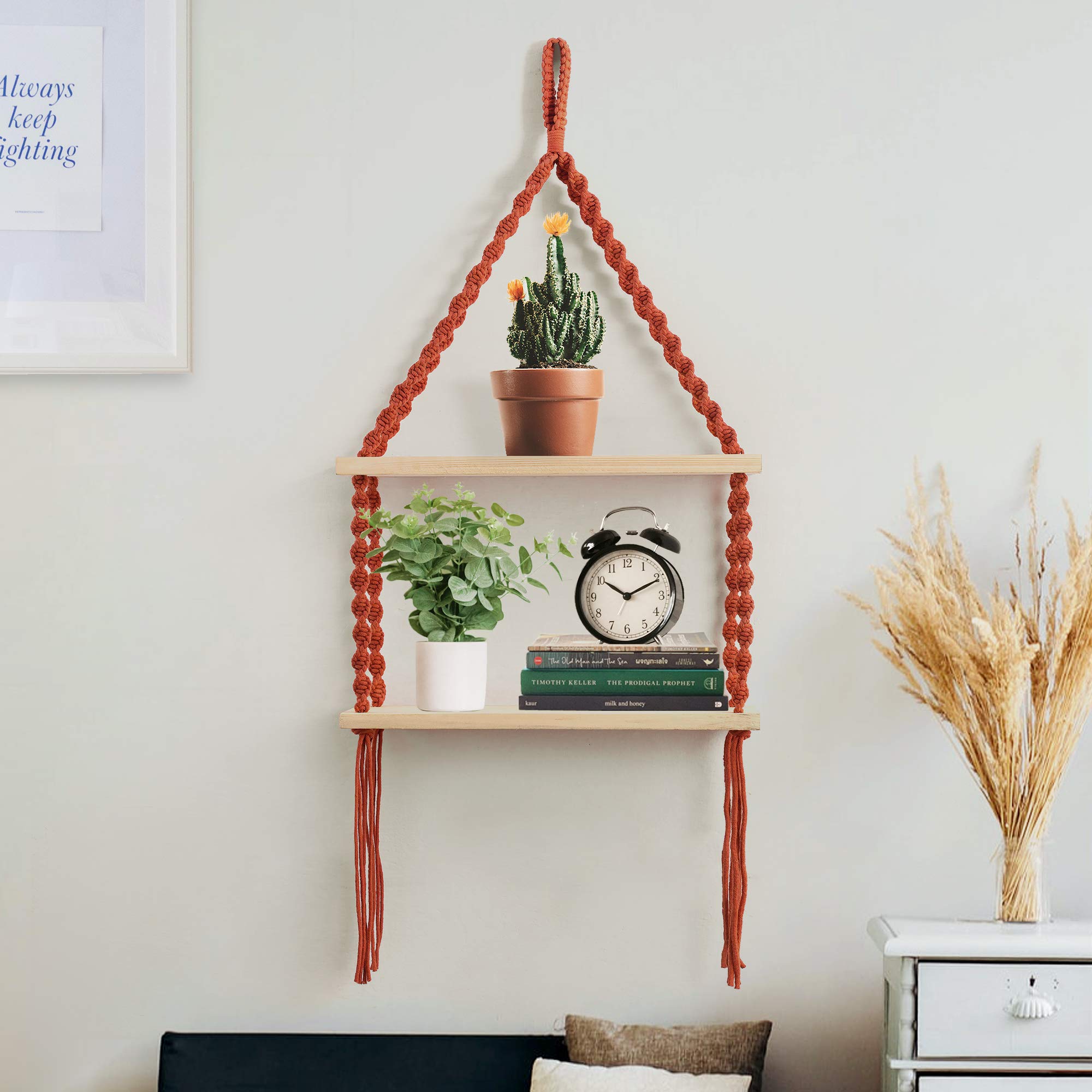 Decazone Macrame Wall Hanging Shelf, Cotton Rope Bohemian Woven Home Decor Handmade Boho Shelf with 2 Shelves for Plants and Decor, Tapestry Tassel Wall Floating Hanger for Home Decor, 91 x 40 cm