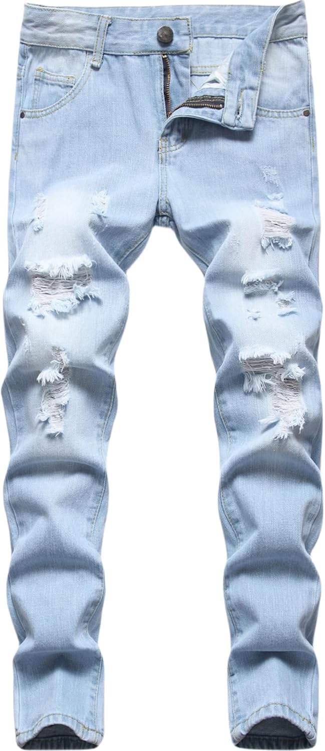 Anbreuinron Boy's Ripped Jeans Stacked Destroyed Distressed Skinny Fit Fashion Comfy Denim Jeans Pants