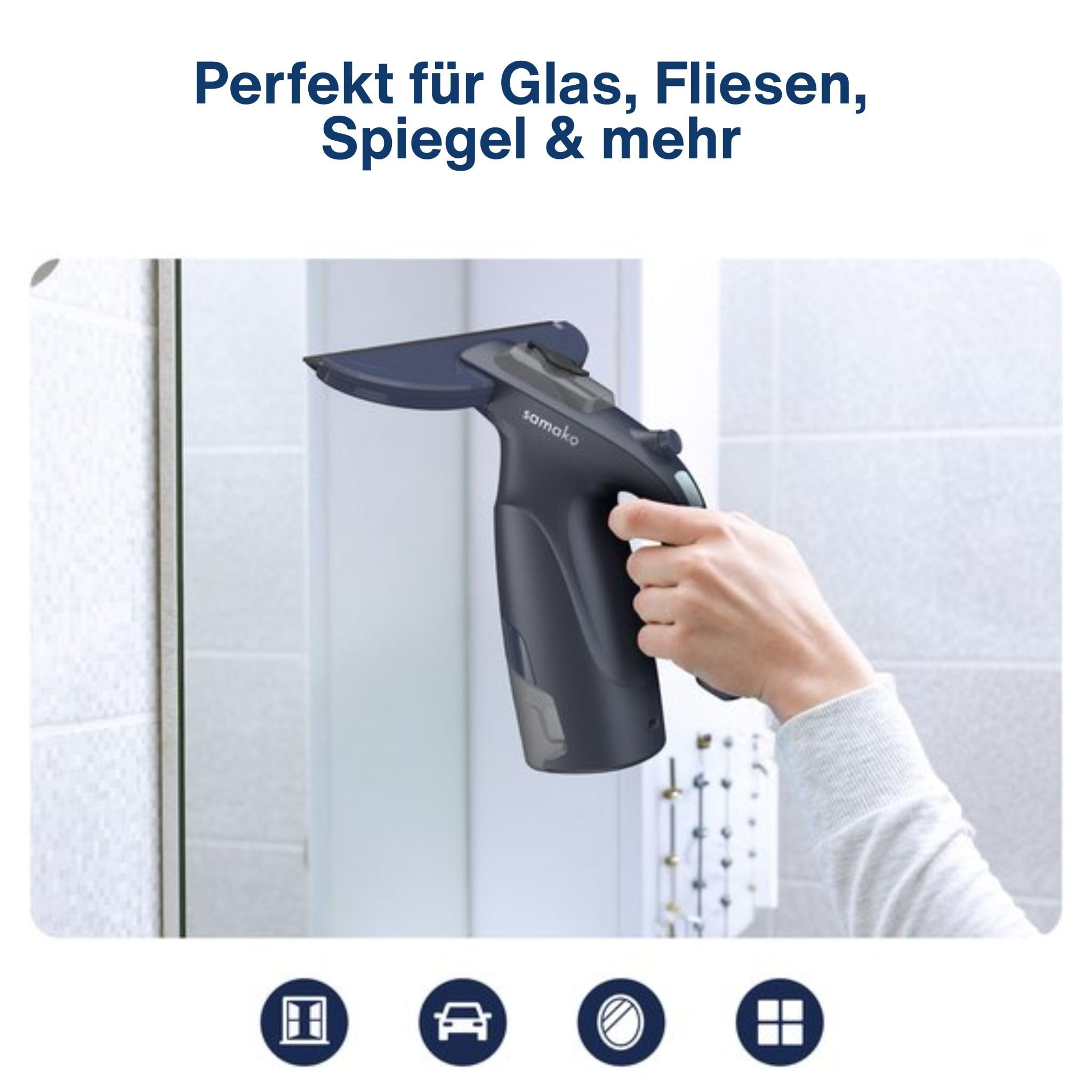 Samako CrystalClear Fensterreiniger 3-in-1 – Akku-Fenstersauger mit Sprühfunktion – Abnehmbarer Tank – inkl. 2 Mikrofasertücher