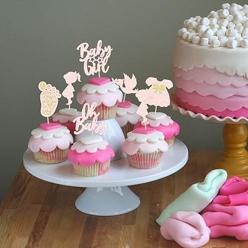 Miniatura 5 de 24 adornos para cupcakes de bebé niña con lazo, huellas, cisne, rosa claro, brillantina, baby shower, revelación de género, decoración para baby