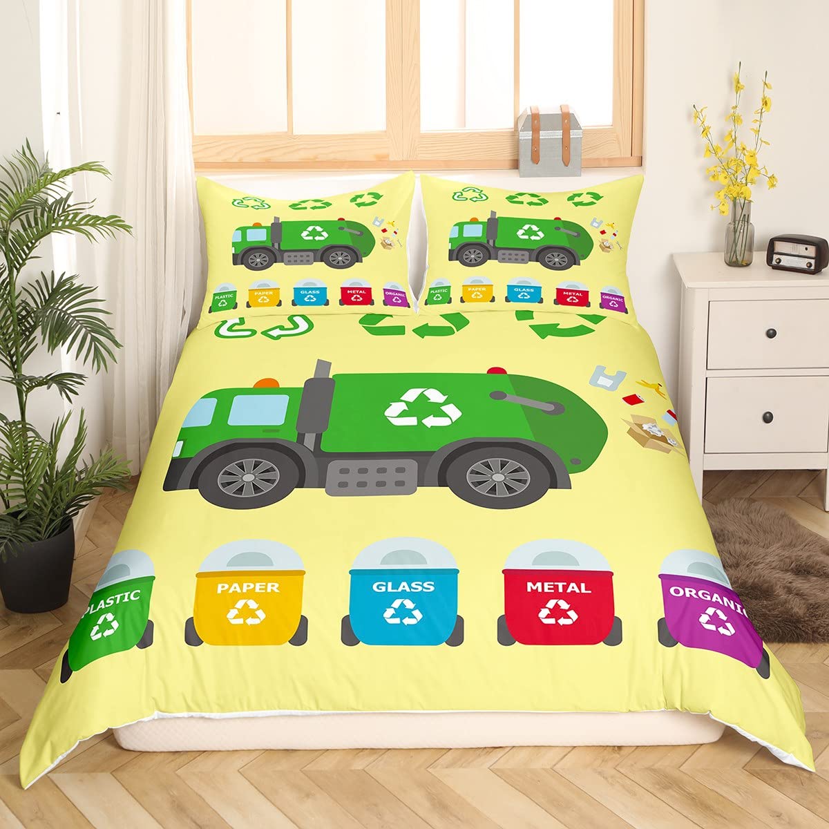 Kids Green Garbage Truck Comforter Cover Double Size Recycling Trash Truck Bedding Set For Toddler Boys Girls Teens Waste Separation Themed Duvet Cover Cartoon Car Bedspread Cover Microfibre Soft - Image 3