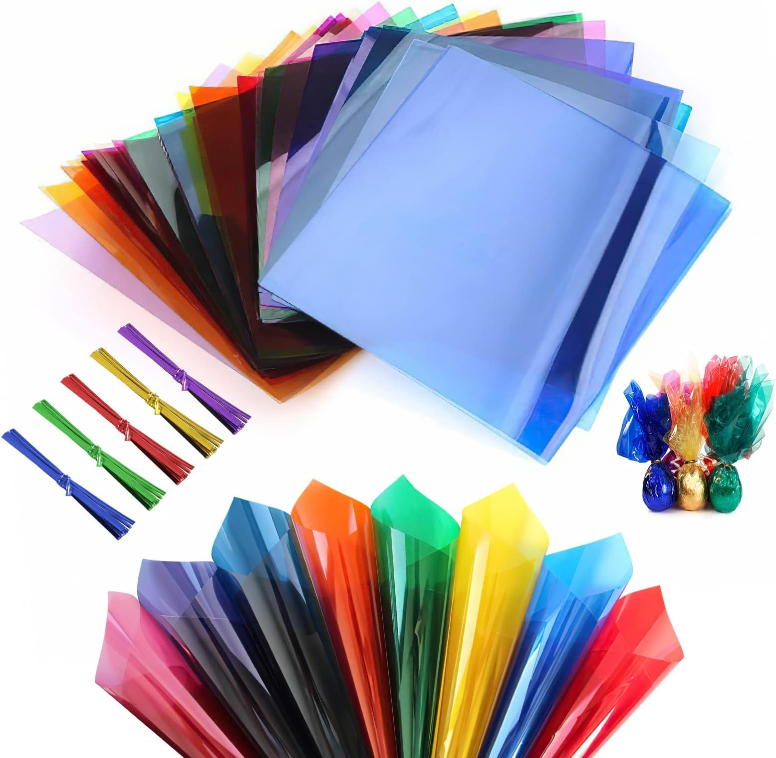 CHAVA Candy Cellophane Wrappers, 160 Sheets Mixed Colors Cellophane Wrap Transparency Cellophane Sheets with Twist Ties for DIY Arts Crafts Decoration and Gift Packing