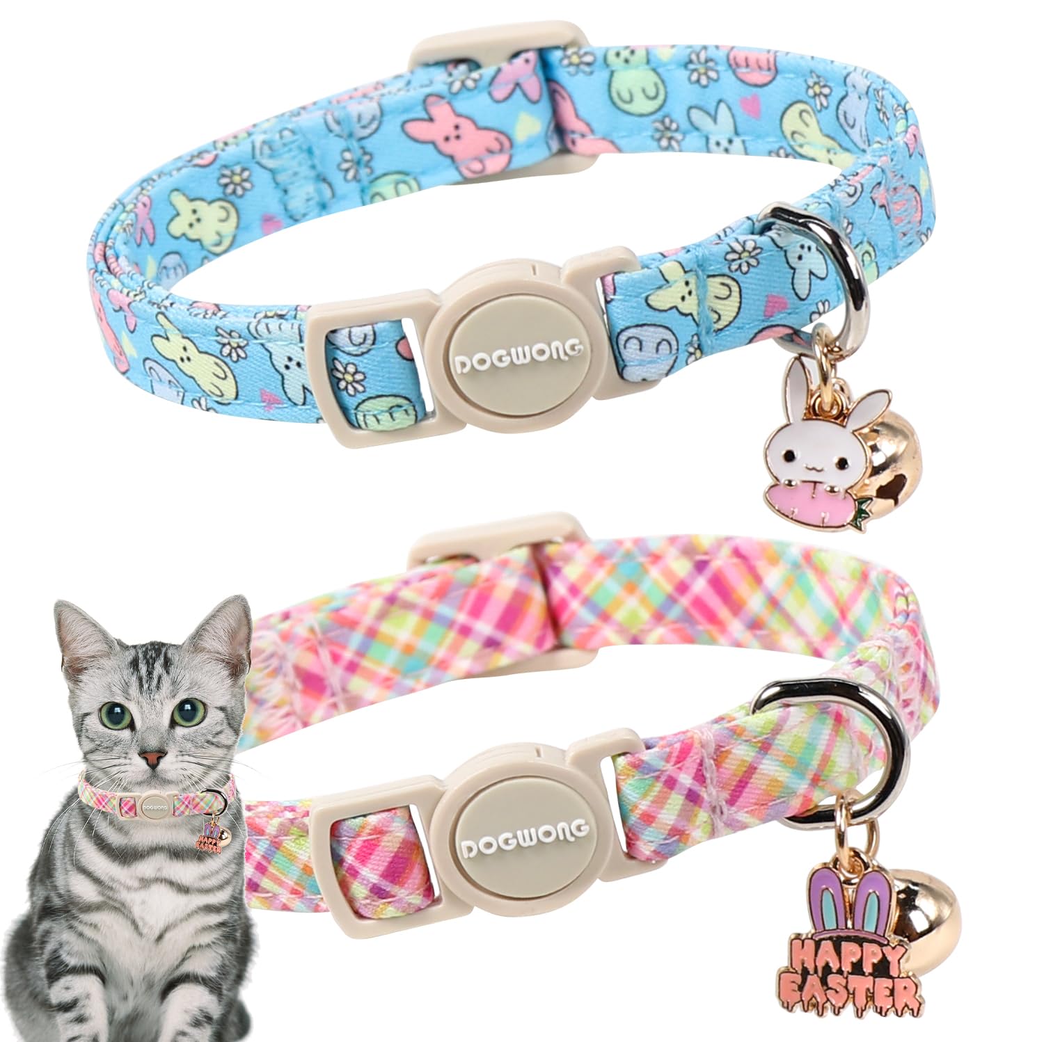 DOGWONG 2 Pack Easter Day Cat Collar Breakaway,Safety Adjustable Easter Plaid Rabbit Cat Collars with Bell for Kitten