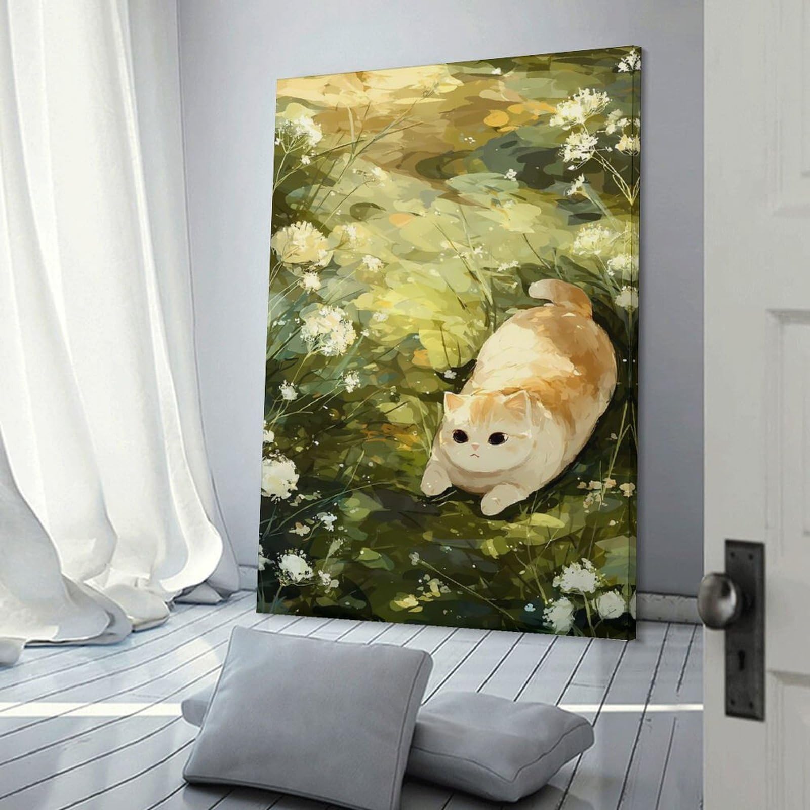 Junmoney Hanging Wall Art Cute Cat in A Field of Flowers, 20x30inch(50x75cm), for Work Areas, Reading Rooms Or Studios, Wall Art That Adds Style to Work Areas