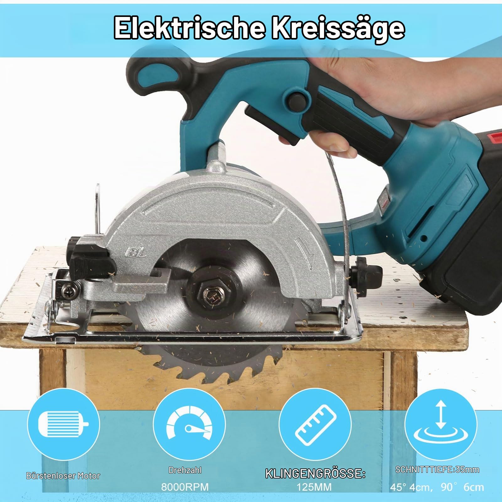 5“ Akku Handkreissäge kompatibel mit Makita Akku 18V, 8000RPM Bürstenlose Kreissäge mit 4 Sägeblättern, Metall-Hilfsgriff, 60 mm (90°), 40 mm (45°) Schnitttiefe, für Holz weiches Metall (keine Akku)