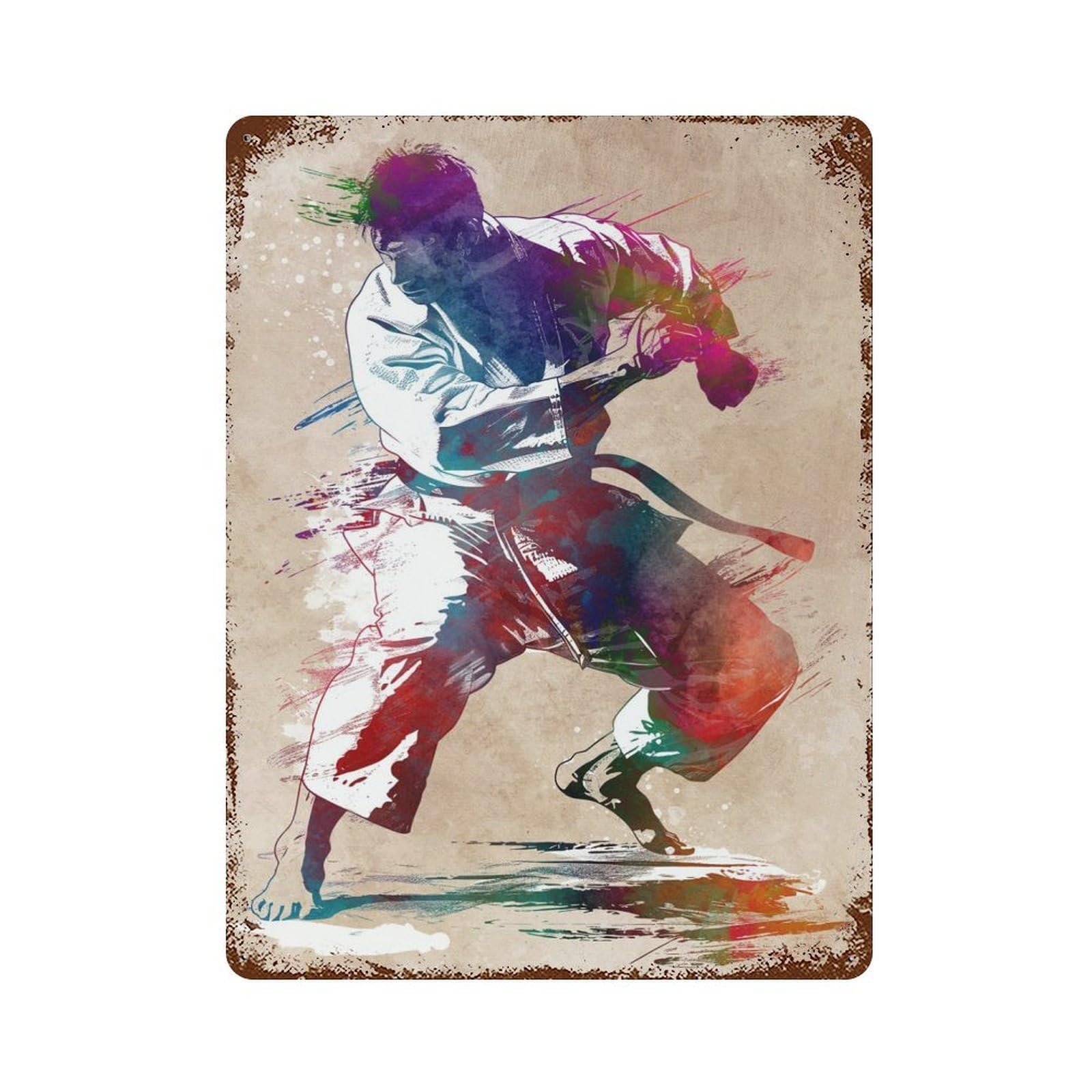 Karate Watercolor Art Rust Effect Tin Sign 15.7"x11.8", Vintage Wall Decor for Garage, Pub Or Kitchen