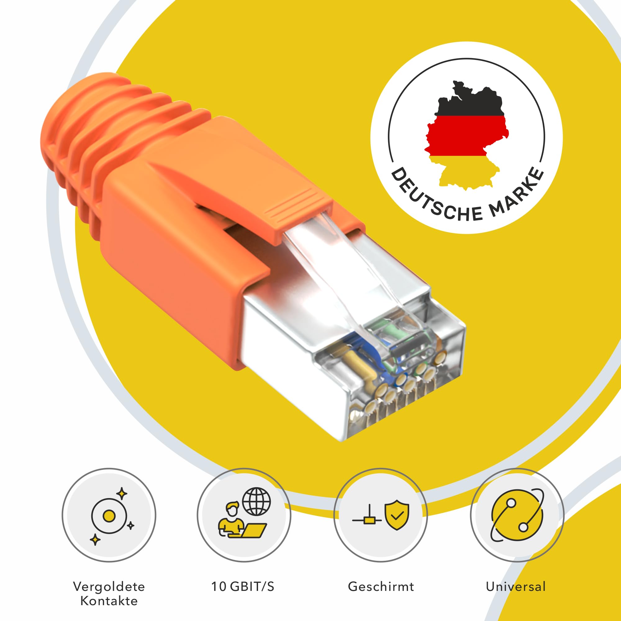 Set di 50 connettori RJ45, Cat7, spina di rete, Pass Through e schermata, con scarico della trazione, beccuccio antipiega arancione e ausilio di inserimento, ideale per cavo di posa CAT 7, Cat6A