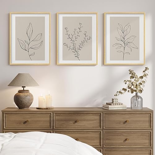 Framed Botanical Line Bedroom Wall Art, 3 Piece Neutral Leaf