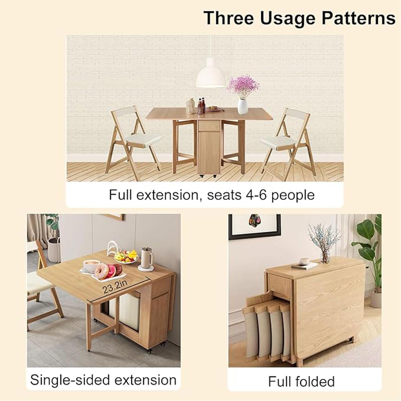 Mesa de Cocina Plegable de Madera Maciza Estilo Rústico | Móvil, Sin Necesidad de Montaje, Ahorra Espacio