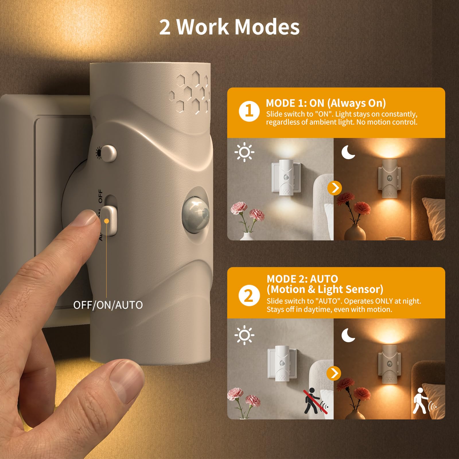 Luz Nocturna LED de Enchufe con Sensor de Movimiento, Lampara Noche Niños 40LM Regulable Continua, Doble Iluminación Arriba Abajo 3 Modos, 3000K Blanco Cálido para Pasillo Escaleras (4)