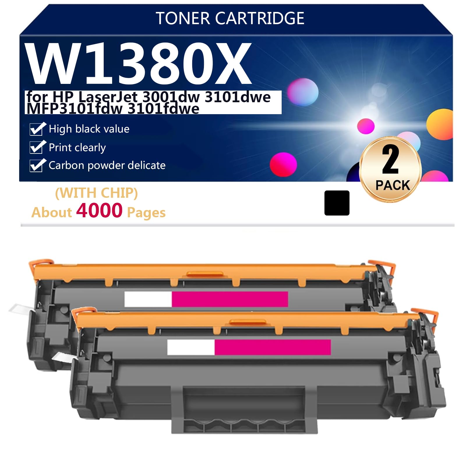 Cartuccia Toner Sostitutiva W1380X per HP LaserJet 3001dw 3101dwe MFP3101fdw 3101fdwe Stampanti, 4000 Pagine,2*Black