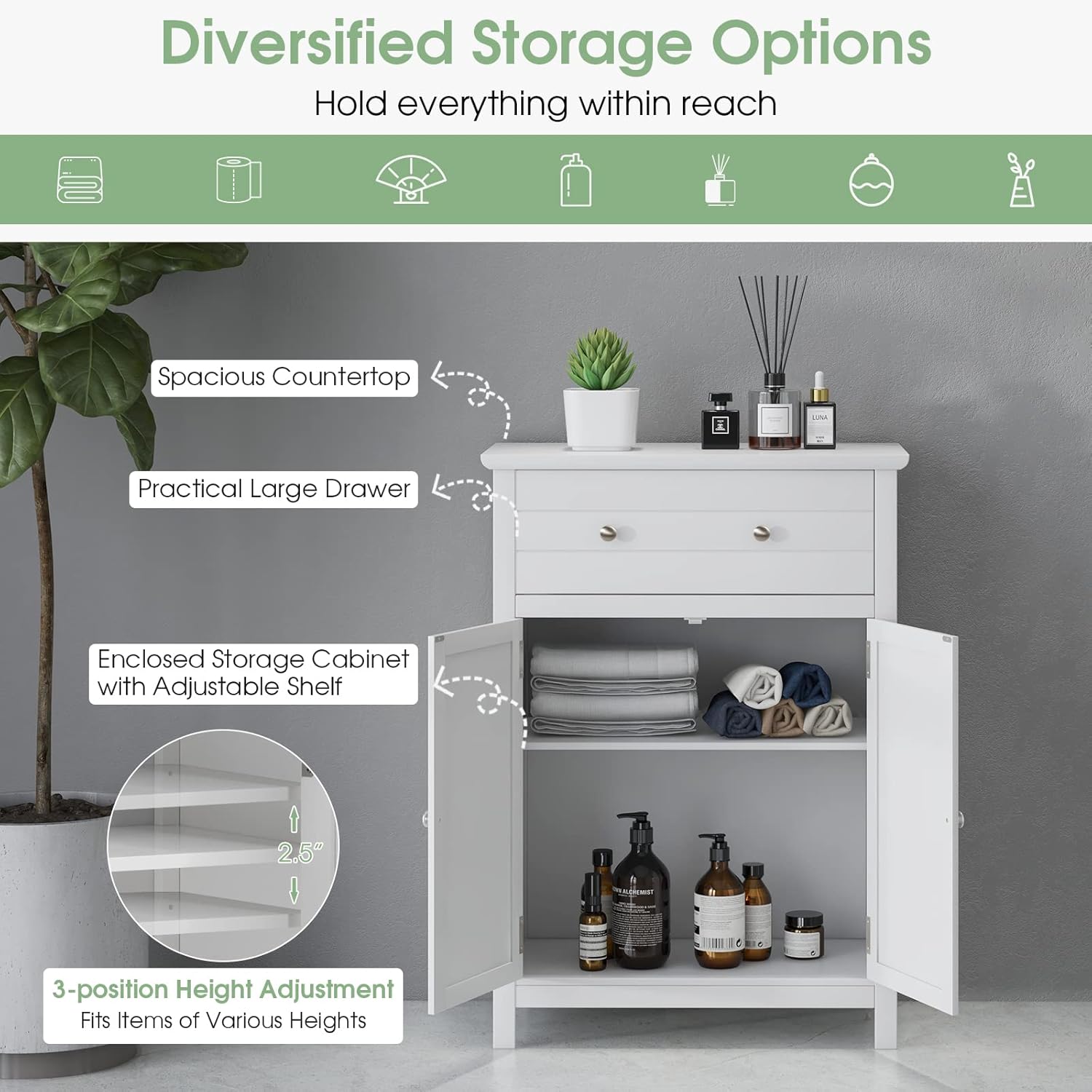 LOKO Bathroom Floor Cabinet, Kitchen Storage Cabinet with 1 Drawer, 2 Doors & 3-Position Adjustable Shelf, 2-Door Floor Storage Cabinet for Bathroom, Living Room, Entryway (White)