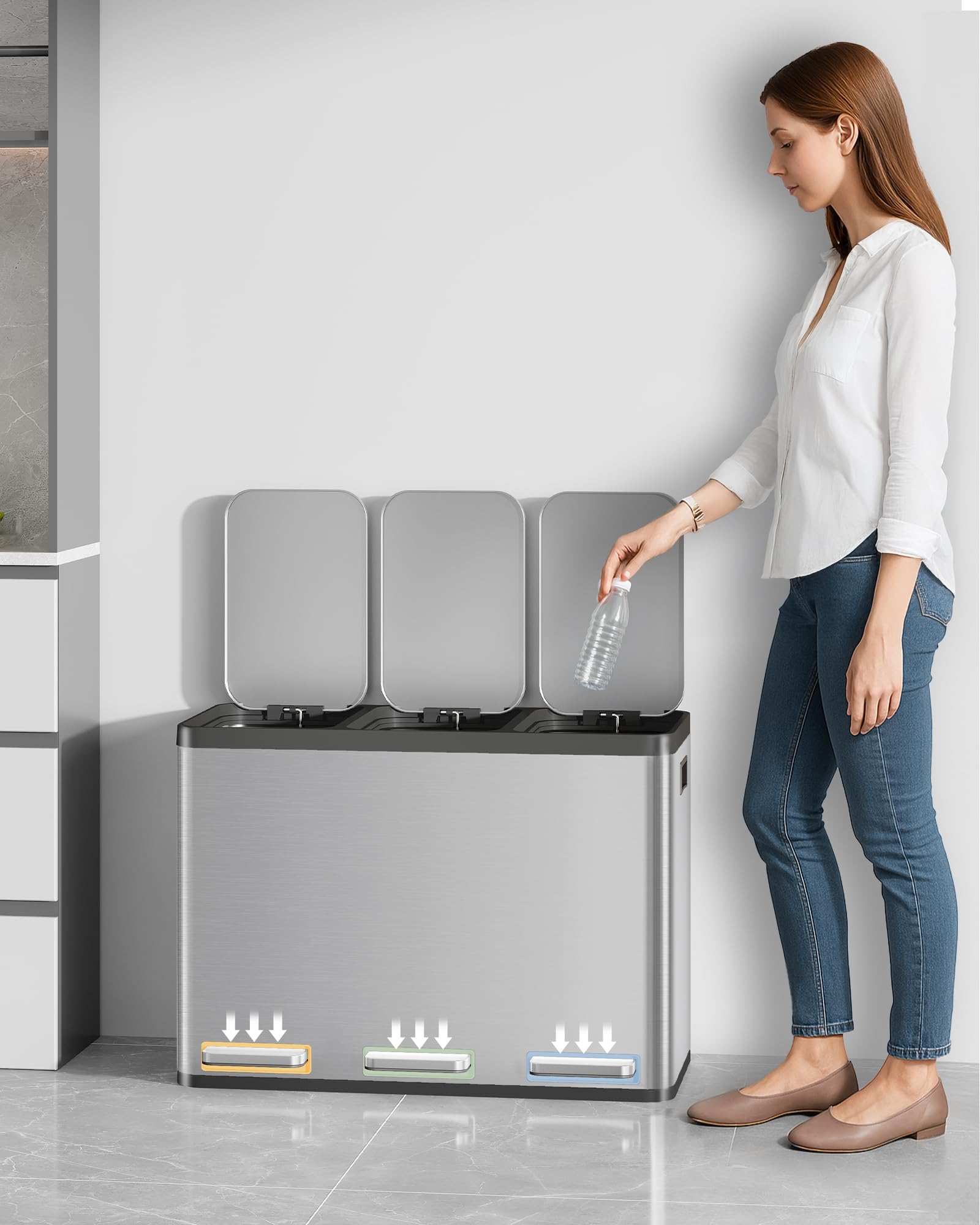 Hzuaneri Mülleimer Küche, Mülltrennsystem 3 Fächer 45L (3 x 15 L), Edelstahl-küchenmülleimer, Tretmülleimer mit Farbcodierbaren Pedalen, Abfalleimer Ruhiger Langsamer Abstieg, Silber SW04599E