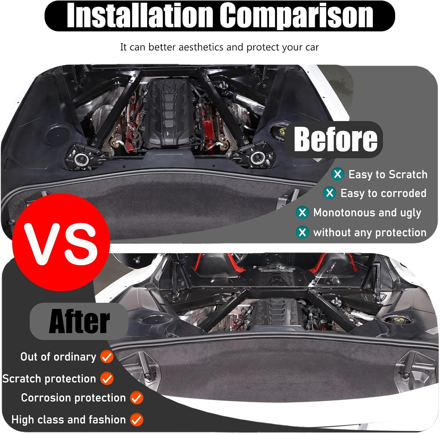 Rear Strut Tower Cover Compatible with Corvette C8 Stingray 2020-2024,Genuine Carbon Fiber Engine Bay Rear Shock Absorbing Tower Protection Panel Cover Trim 2pcs C8 Accessories (Black)