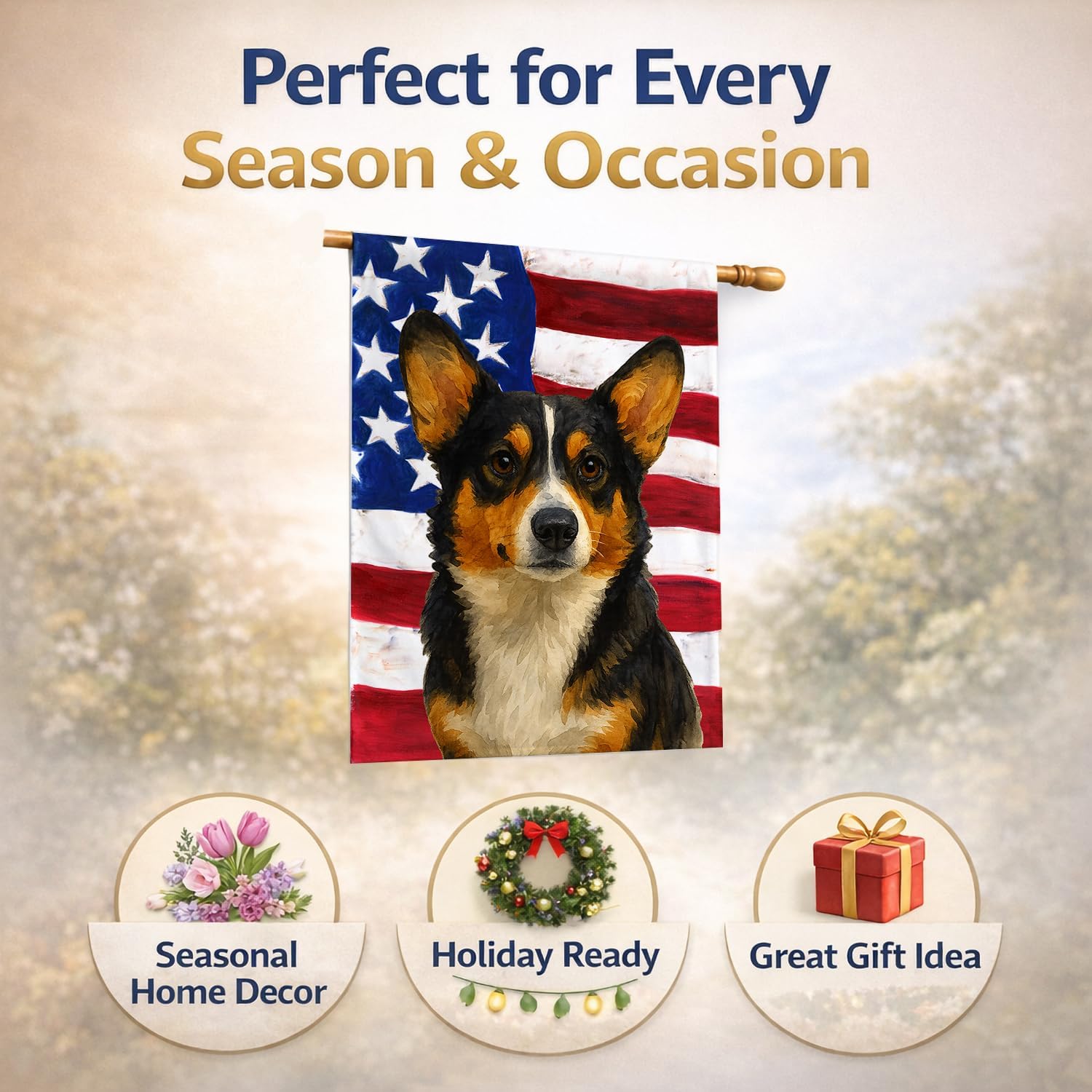 Caroline's Treasures Tri-color Pembroke Welsh Corgi American Flag House Flag Large Porch Sleeve Pole Decorative Outside Yard Banner Artwork Wall Hanging, Polyester, House Size, Multicolor