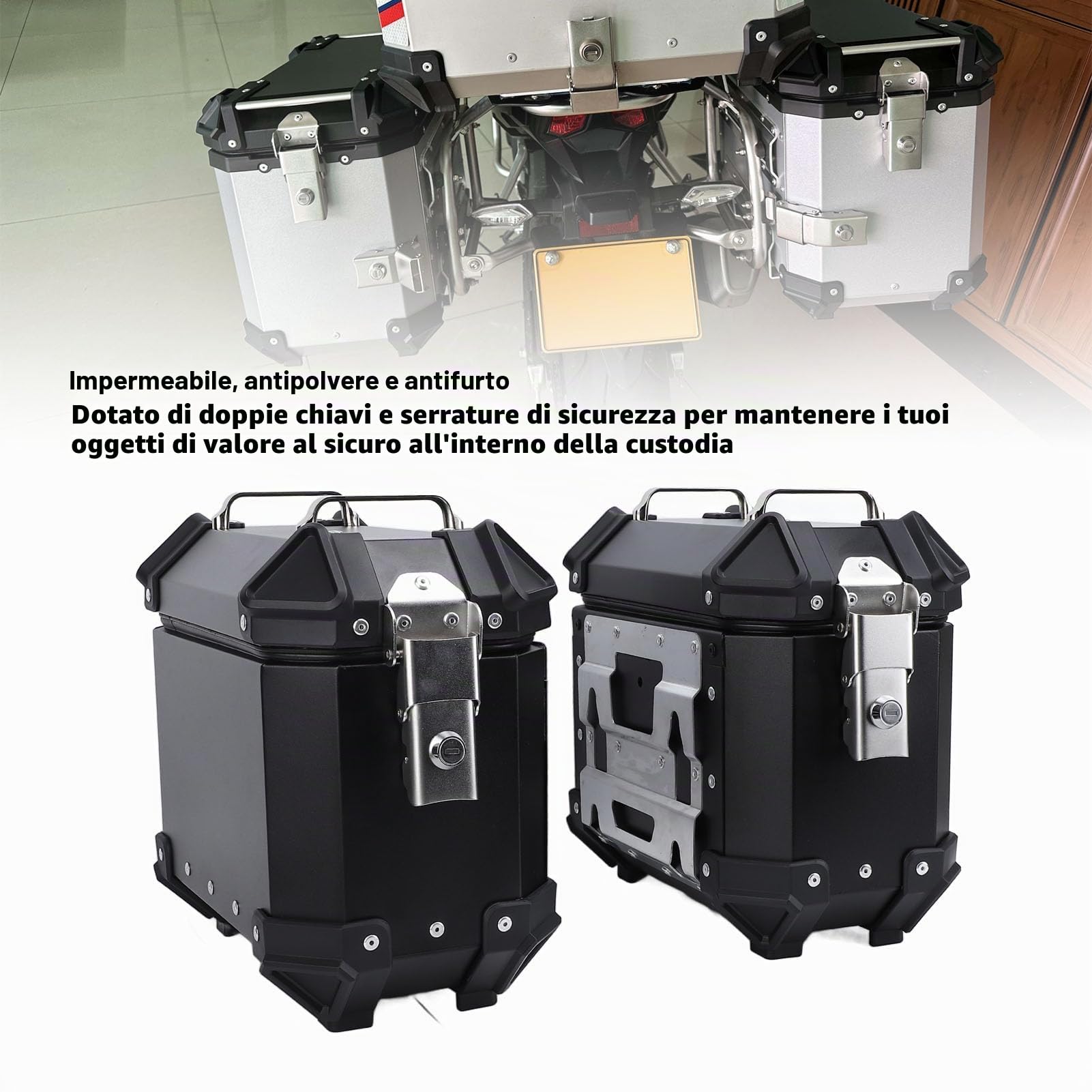 Valigia Laterale per Moto Borsa Rigida in Lega di Alluminio Adatta per Moto Impermeabile, per Bagaglio da Casco, capacità 18 Litri (SILVER) (BLACK)