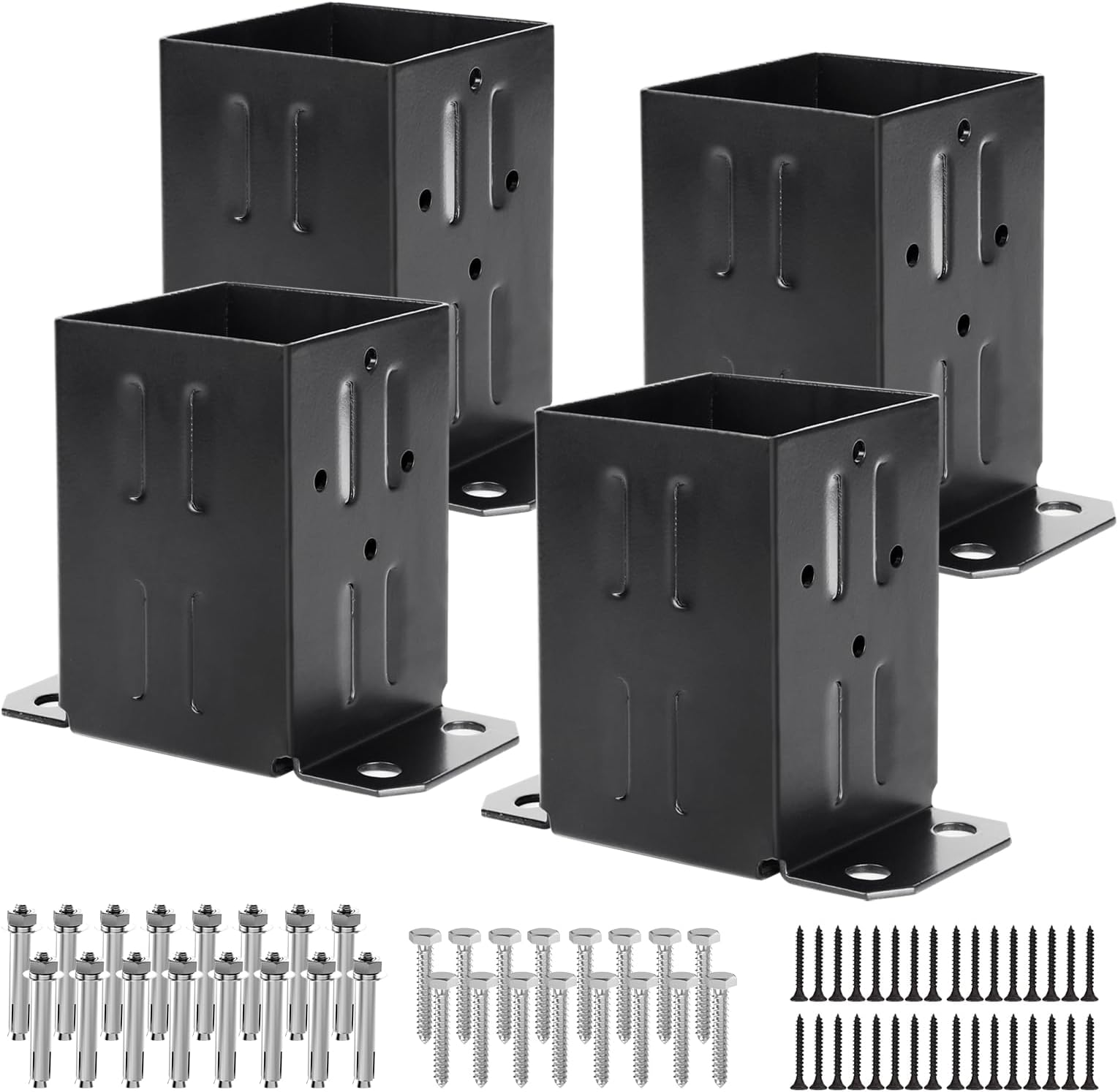 Eapele 4x4 Wood Fence Post Anchor Base, 13GA Thick Steel and Black Powder Coated, Come with Wood Screws and Concrete Anchors(Set of 4)