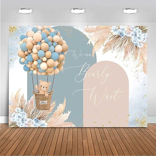 Mocsicka Boy Bear Balloons Baby Shower Backdrop - Blue Boho Flowers Hot Air Ball