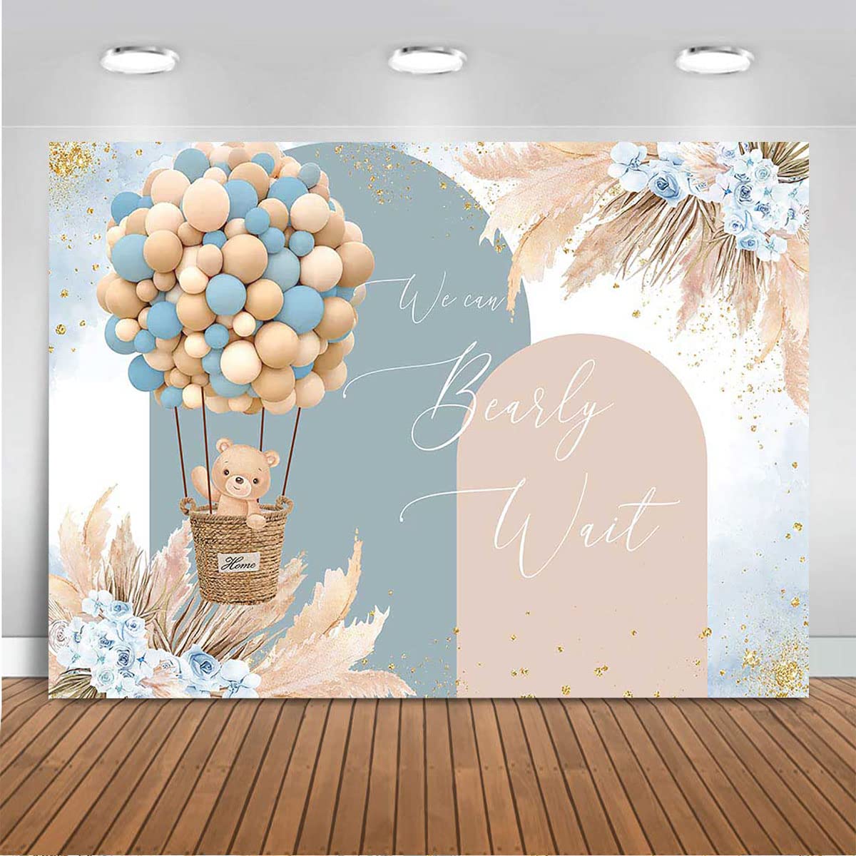 Mocsicka Boy Bear Balloons Baby Shower Backdrop - Blue Boho Flowers Hot Air Balloon Background With Pampas Grass - We Can Bearly Wait Party