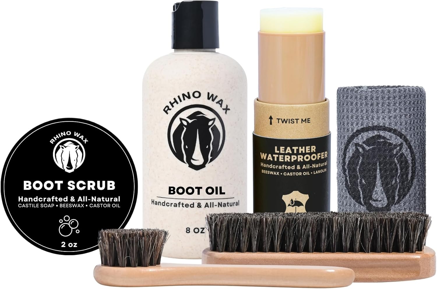 Leather Boot Care Kit - Made in USA (Not China) - Boot Oil, Waterproofer, Cleaning Scrub for Boots (Like Saddle Soap), Brushes and Cloth - Do NOT use Mink Oil (Love Animals) - All Natural Ingredients