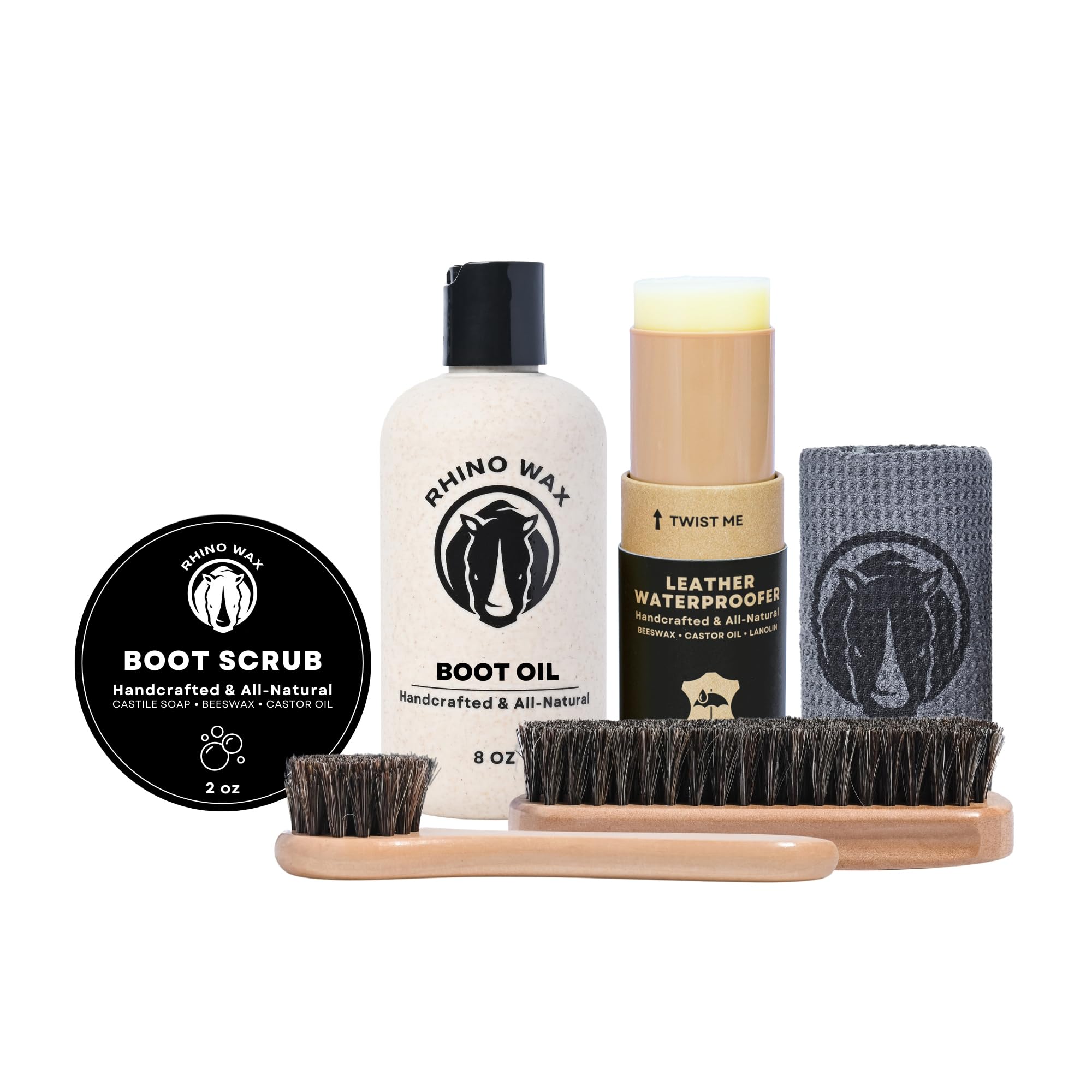Leather Boot Care Kit - Made in USA (Not China) - Boot Oil, Waterproofer, Cleaning Scrub for Boots (Like Saddle Soap), Brushes and Cloth - Do NOT use Mink Oil (Love Animals) - All Natural Ingredients