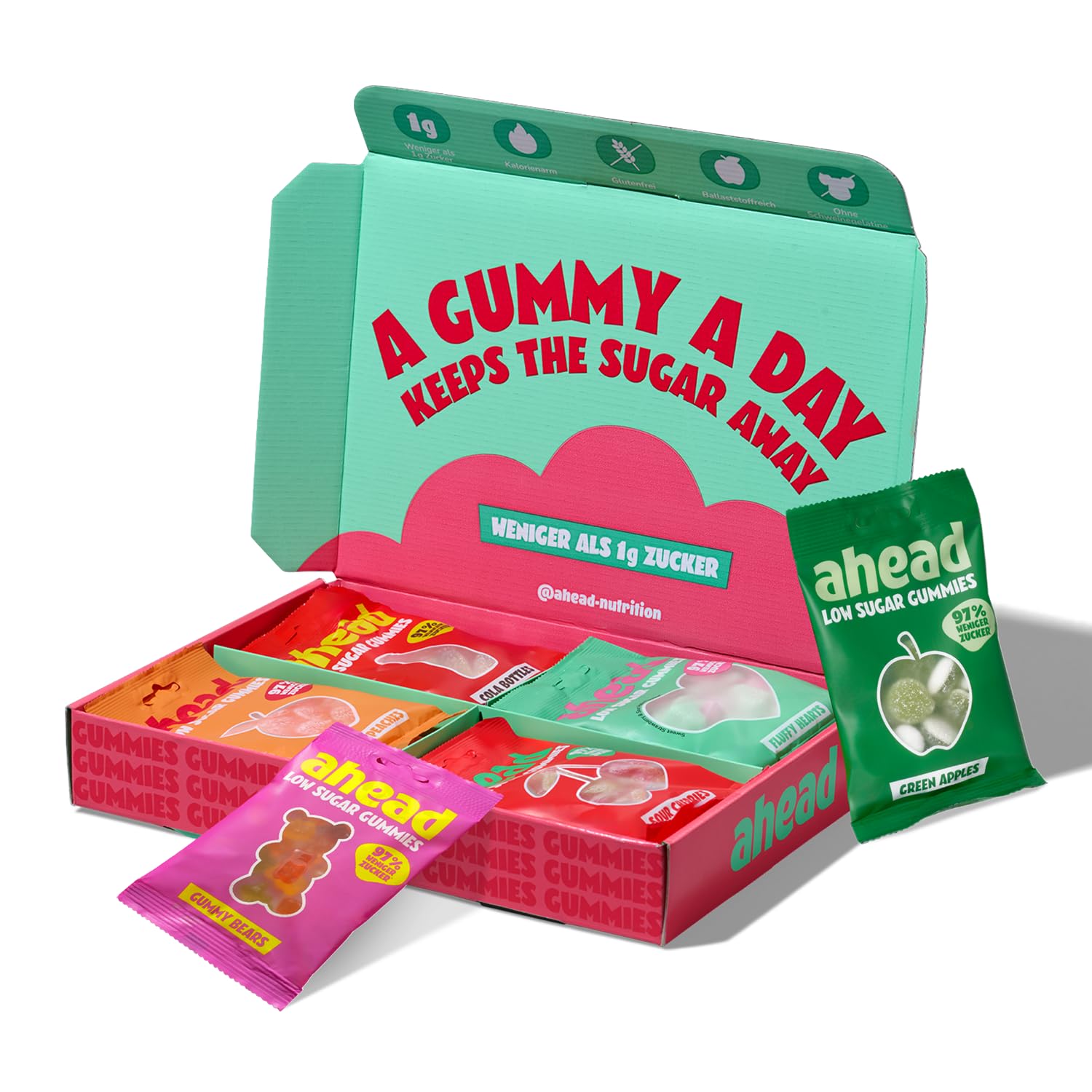 ahead Fruchtgummis Probierpaket 12 x 50g Großpackung | Gummibärchen ohne Zuckerzusatz | Nur 1g Zucker & 73 kcal pro Packung | Low Carb Süßigkeiten - 4