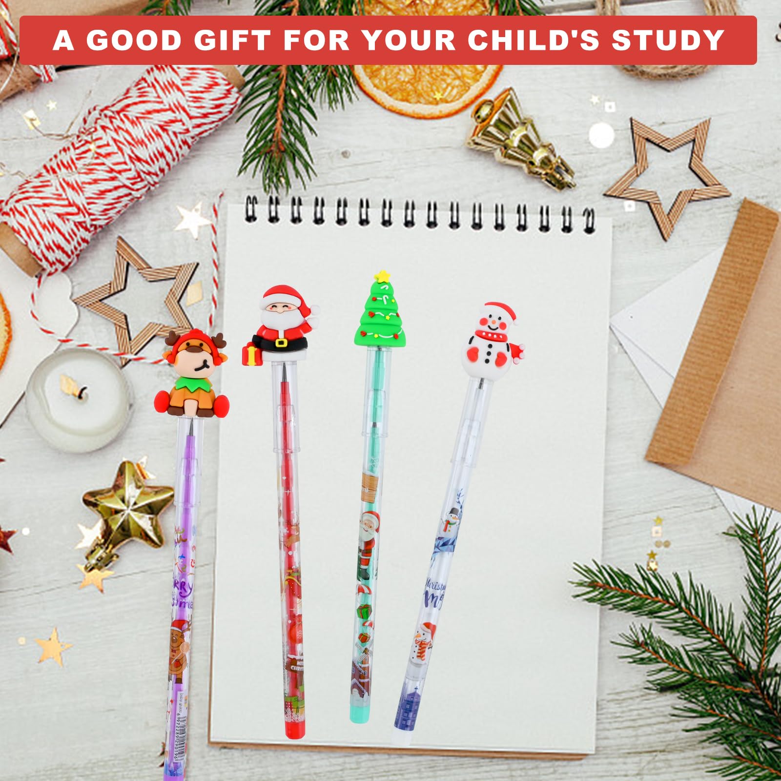 12 Lápices Apilables Navideños - Papá Noel, Muñeco De Nieve, Árbol Y Alce