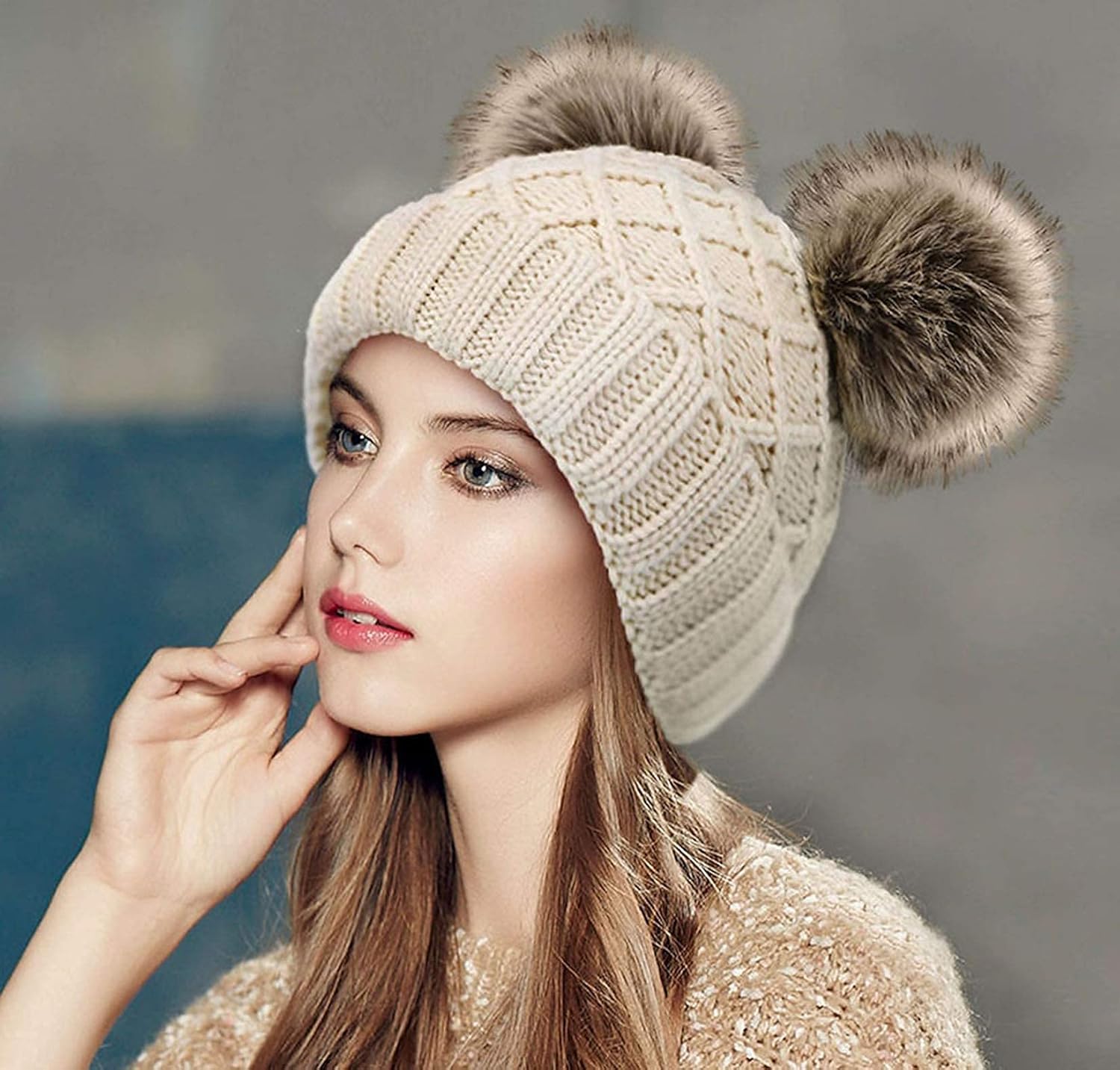 Arctic Paw Womens Winter Hat Cable Knit Beanie for Women Faux Fur Pompom Ears - Image 6