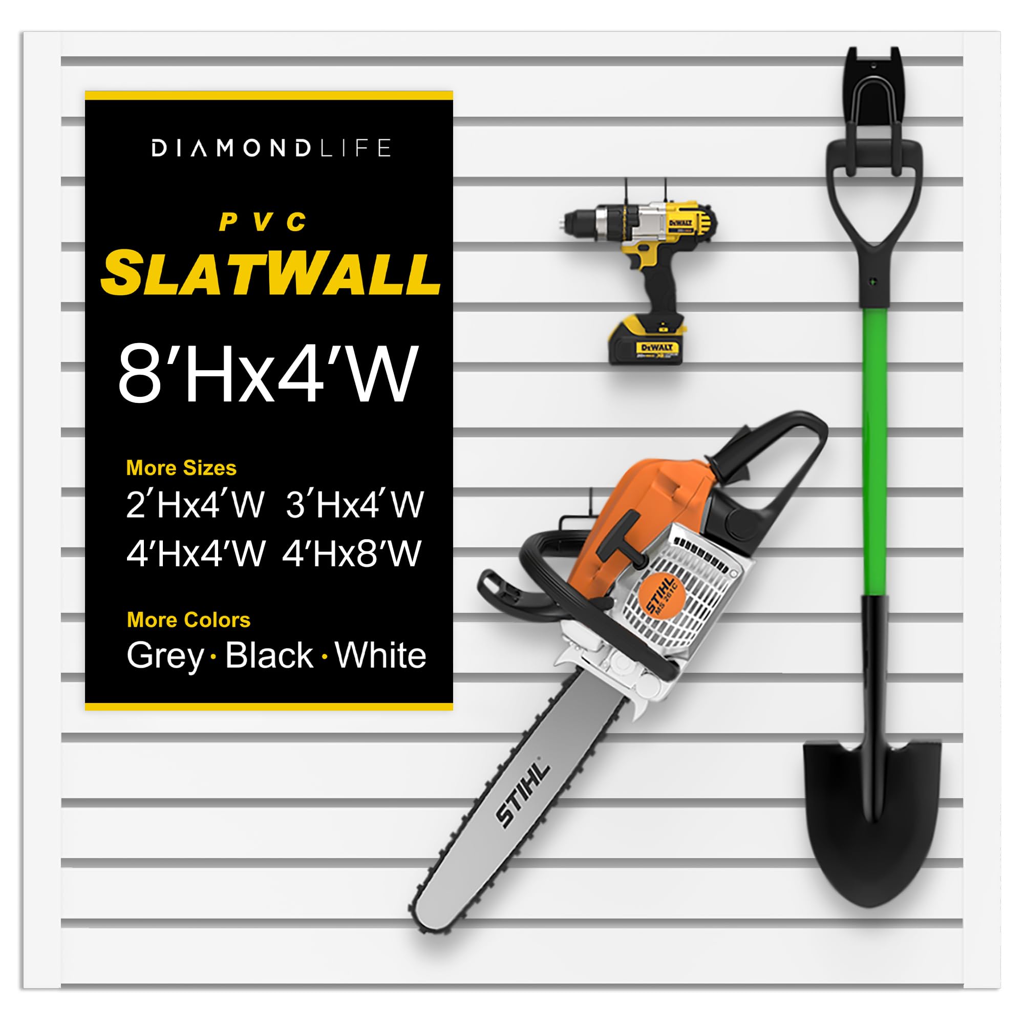 Heavy Duty 8'H x 4'W PVC Garage SlatWall Storage System (with Endcaps & Screws) - Modular Slat Wall Paneling for Garage Wall Organizer - Interlocking SlatWall Panels for Home & Commercial Use (White)